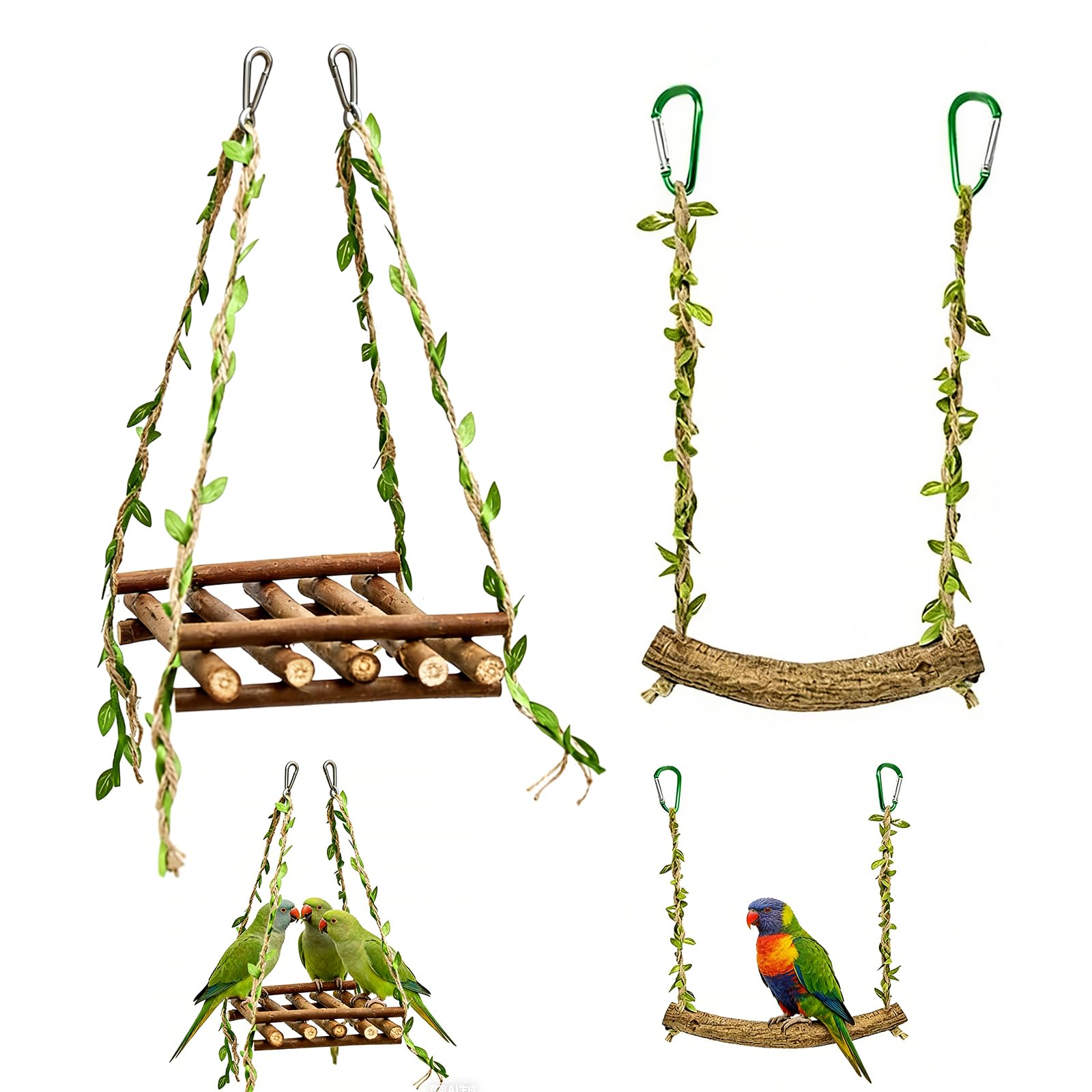 Altalene Naturali in Legno per Gabbia Uccelli, Set da 2 Giochi Oscillanti Verdi con Ganci, Accessori per Cocorite e Pappagalli di Piccola e Media Taglia per Attività e Divertimento Quotidian