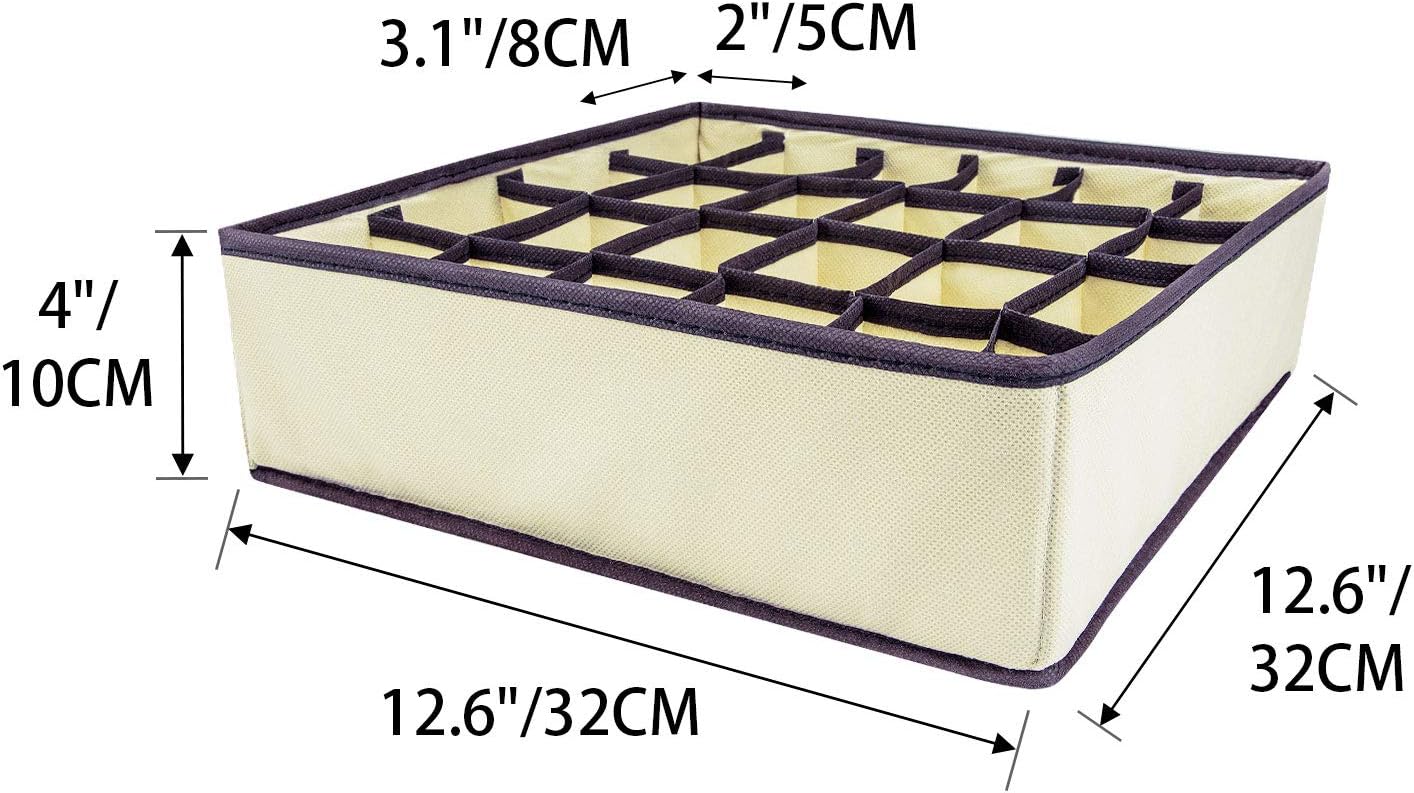 2 Pack Socks Drawer Closet Organizer-24 Cell Collapsible Dividers Storage Boxes For Storing, Towels, Ties (Beige)