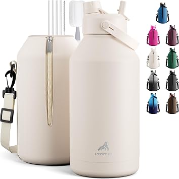 POWCAN 64 oz Water Bottle Insulated with 2-in-1 Straw and Spout Lid, Carrier Bag, Handle Strap, Leakproof, BPA-Free, Half Gallon Metal Water Bottle for Camping, Picnic and Hydration Cream