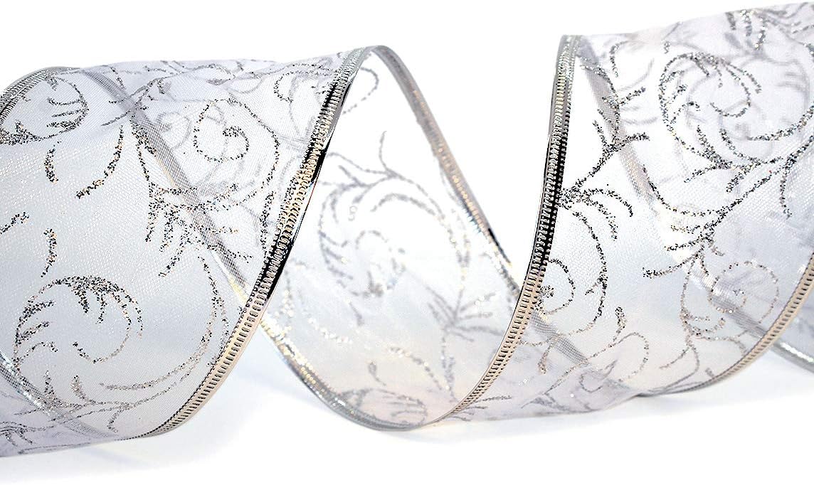 Wire Edged Ribbon Silver Sheer Organza Gift Wrap Ribbon Metallic Wired Trim & Glitter Decorative White 50 Yards x 2.5 inch Wide 1 Roll Large : Health & Household