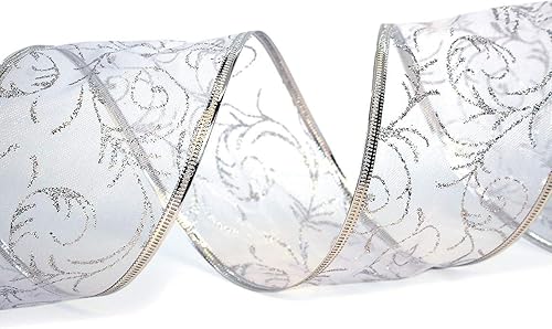 Miniatura 2 de Cintas plateadas con alambre para árbol de Navidad, decoración del hogar, alambre de organza transparente con purpurina y adornos metálicos, lazos