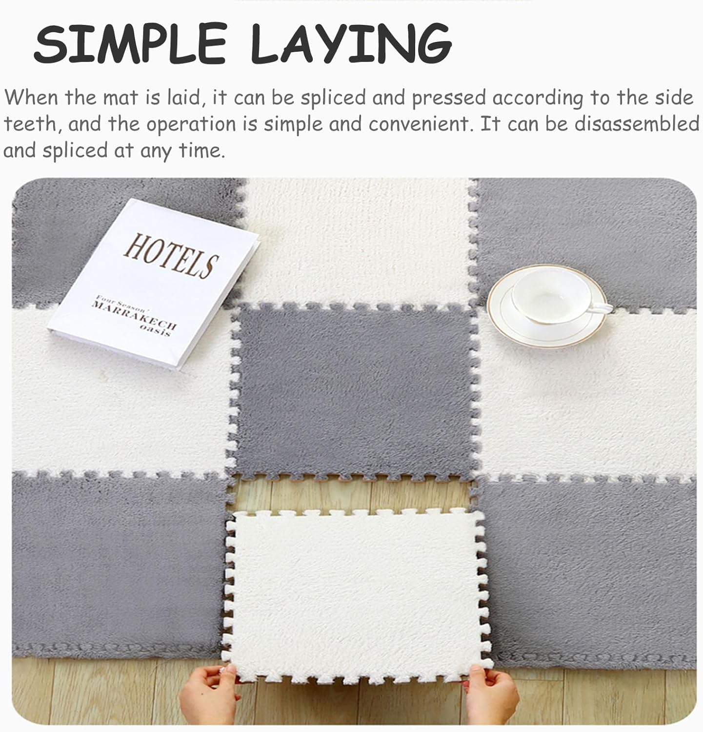 Ineinandergreifende Plüschschaum-Bodenmatte, DIY-schneidbarer quadratischer Schaumstoff-Puzzleteppich, weiche, rutschfeste Klettermatte(White+Light Coffee+Gray,30pcs)