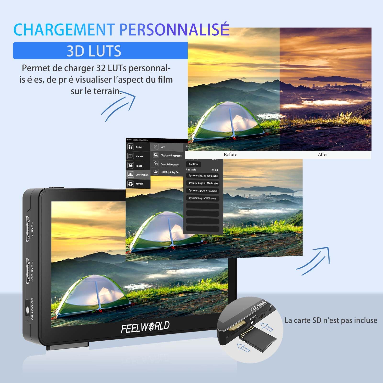 FEELWORLD F6PLUS V2 Moniteur Champ de Caméra 6 Pouces Écran Tactile HDR LUT 3D avec Batterie, Sac de Rangement pour Appareil Photo IPS 1920x1080 4K HDMI 5 V Type-c Input