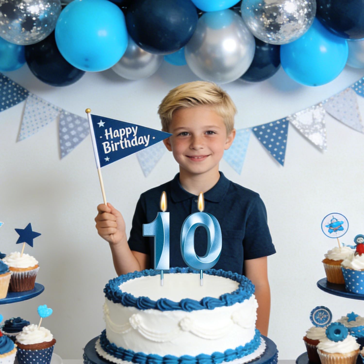 Blue Birthday Candle 6 for Boys 6th Birthday Decorations, Number 6 Candle