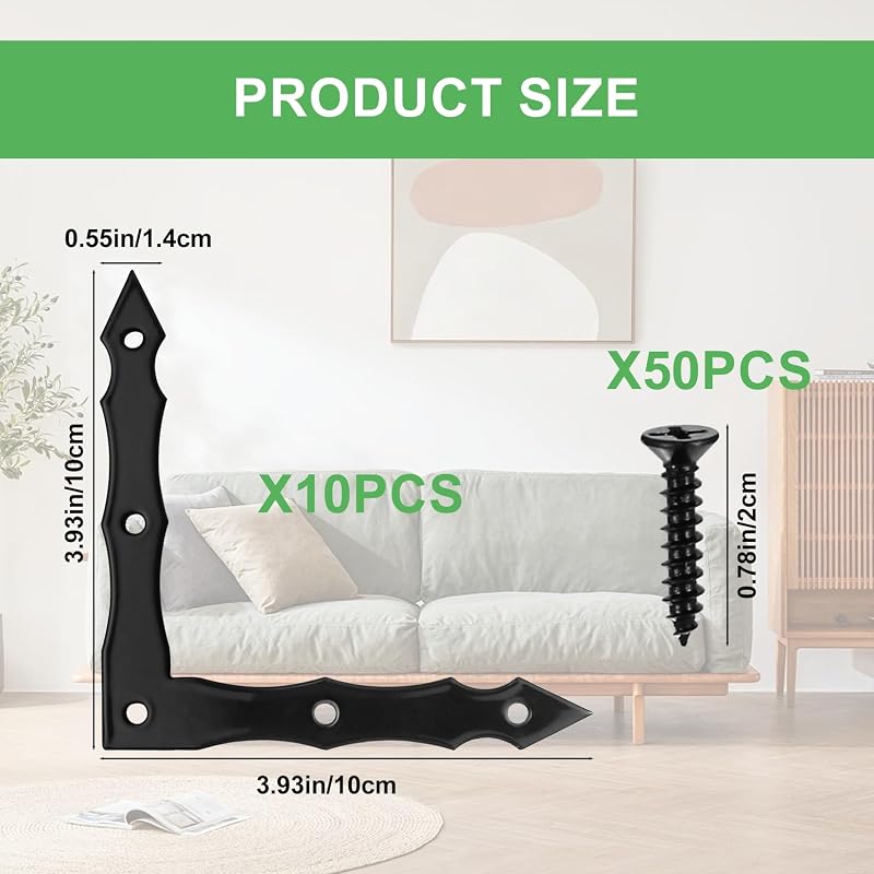 Antik Fekete L-alakú Sarokvas Szett - 10 db Lapos Szögvas Bútorokhoz, Asztalokhoz, Dekorációhoz - 100x100mm Acélötvözet Sarokpánt