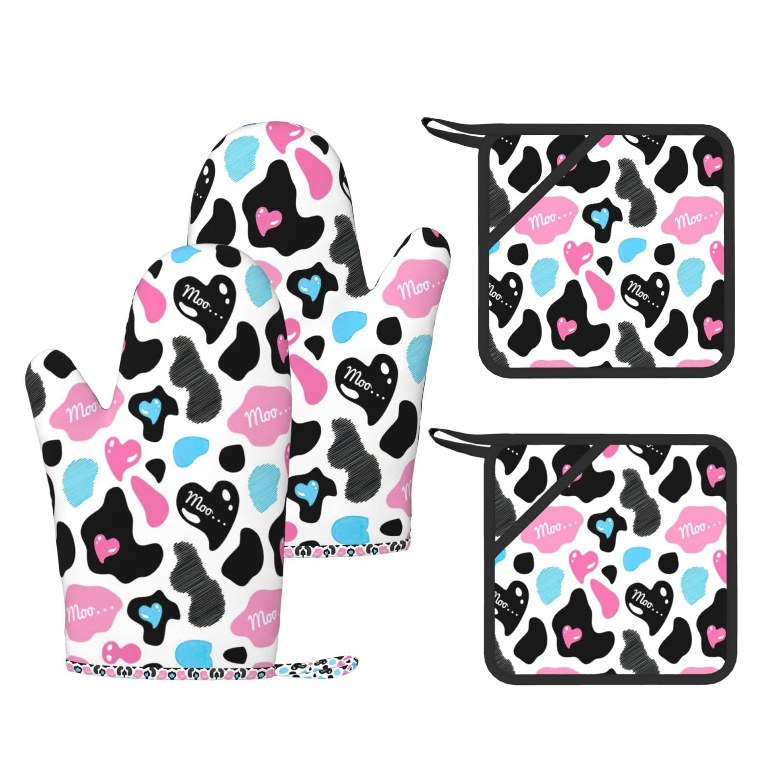 Eeprty Black Cow Hide With Hearts Moo Love Printed Kitchen Oven Gloves And Potholder 4 Pcs, Non-Slip Heat Resistant Mitts For Baking Chef