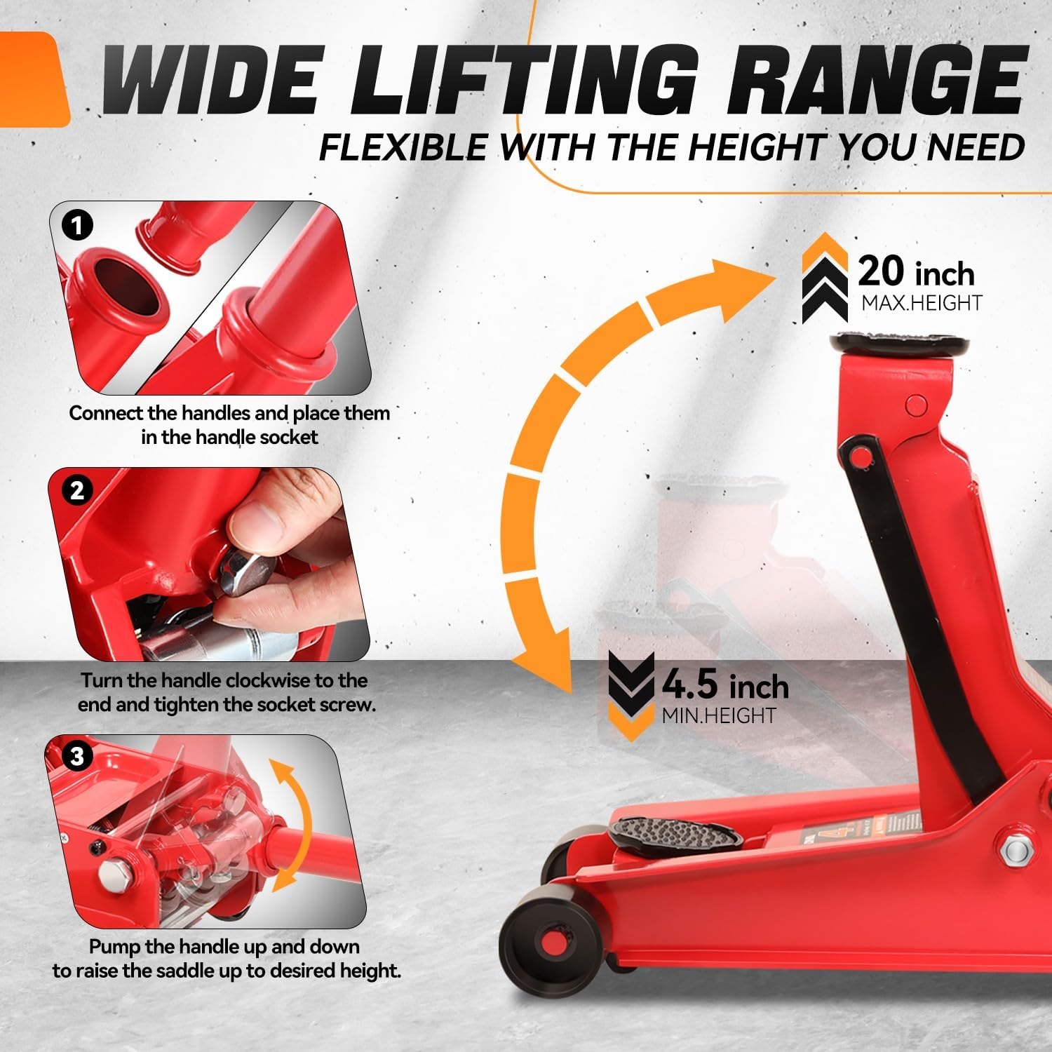 Auto Dynasty 4 Ton Low Profile Floor Jack, Heavy Duty Steel Hydraulic Car Jack with Dual Pistons Quick Lift Pump, Hydraulic Racing Floor Jack, Lifting Range 4.5" to 20", Red