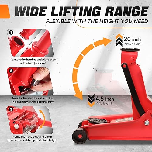 Miniatura 4 de Auto Dynasty Gato de piso de perfil bajo de 4 toneladas, gato hidráulico de acero resistente para automóvil con bomba de elevación rápida de