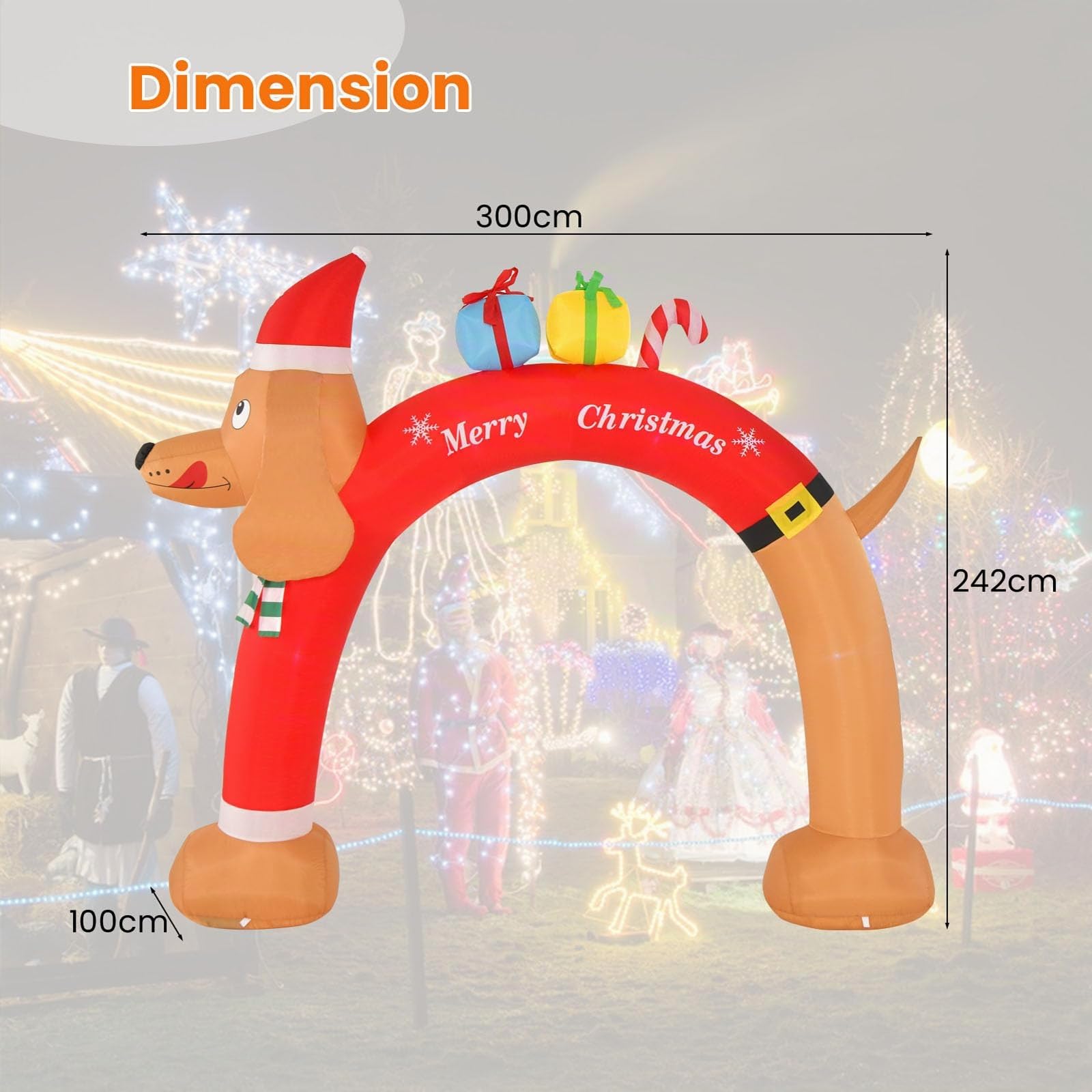 GYMAX Arche Gonflable de Noël Lumineux 242cm, Décoration de Noël Gonflable pour Extérieur Intérieur, Lumineux LED et Souffleur Intégrés, Cordes et Piquets, Décoration Festive