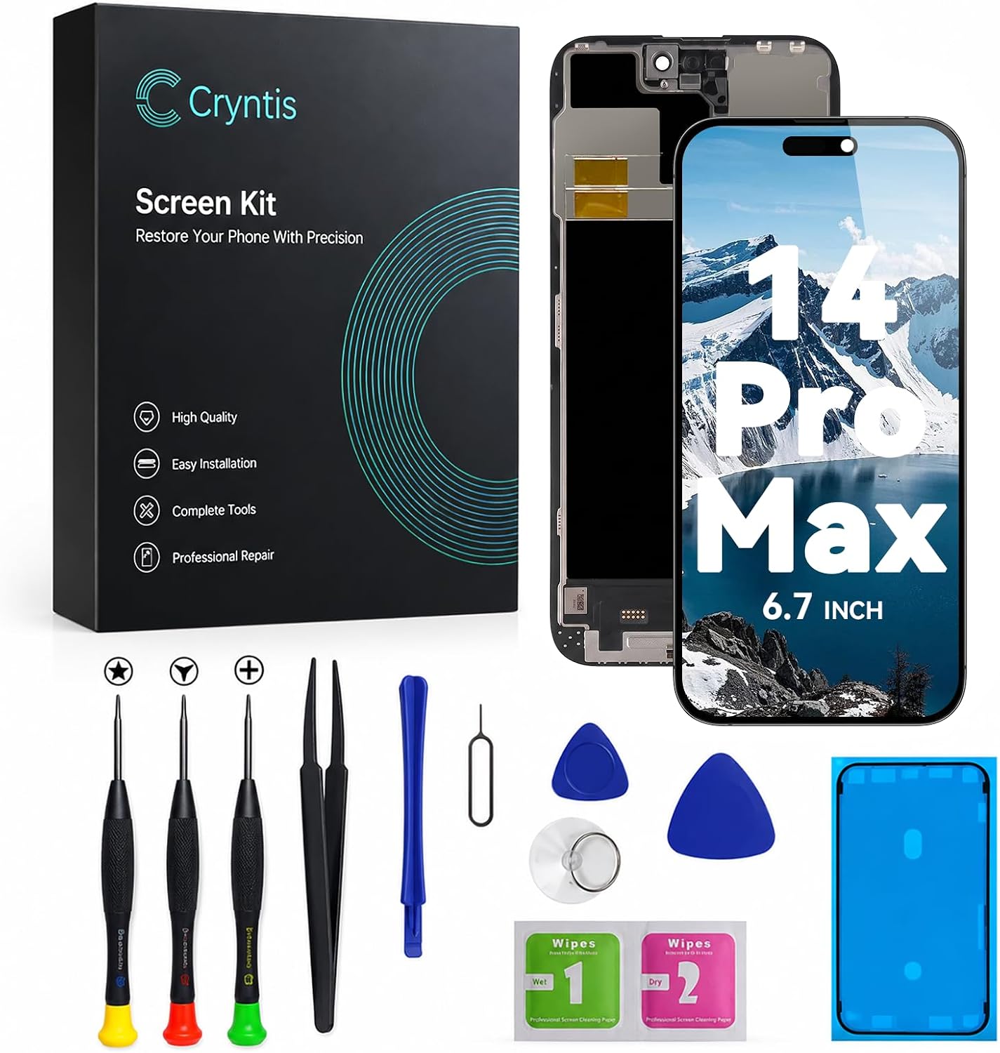 for iPhone 14 Pro Max Screen Replacement 6.7" HD Display Assembly with Repair Tool Kit, High Brightness & Sensitive Touch Screen, for Cracked Screen and Black Screen Repair