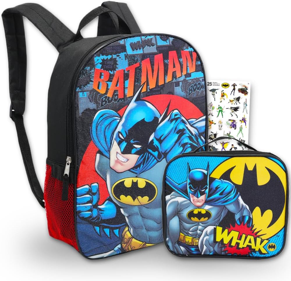 BATMANBackpack and Lunch Box Set for Boys Kids ~ 3 Pc Bundle With Deluxe 16" Batman Backpack with Detachable Insulated Lunch Bag and Stickers (Batman School Supplies)