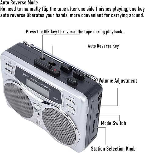 Miniatura 5 de Zunate Multifunctional Retro Cassette Player Recorder with Built in Speaker Headphone Jack Digital Clock Timer AM FM Radio Microphone Recording