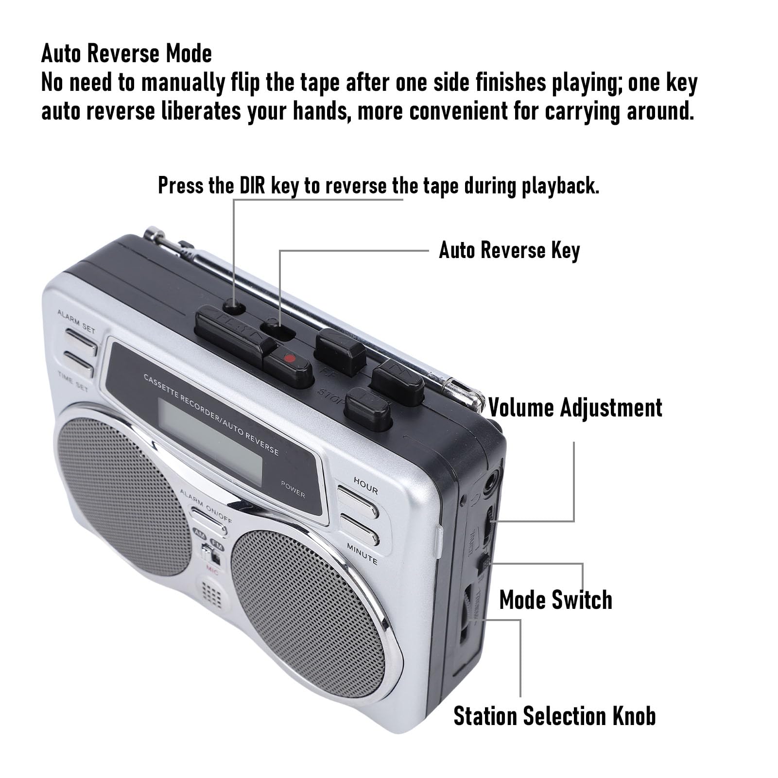 ASHATA Retro Kassettenspieler mit AM FM Radio, Tragbarer Kassettenspieler mit Integriertem Stereolautsprecher und Kopfhöreranschluss, Digitaler Zeitschaltuhr, für zu Hause Im Freien