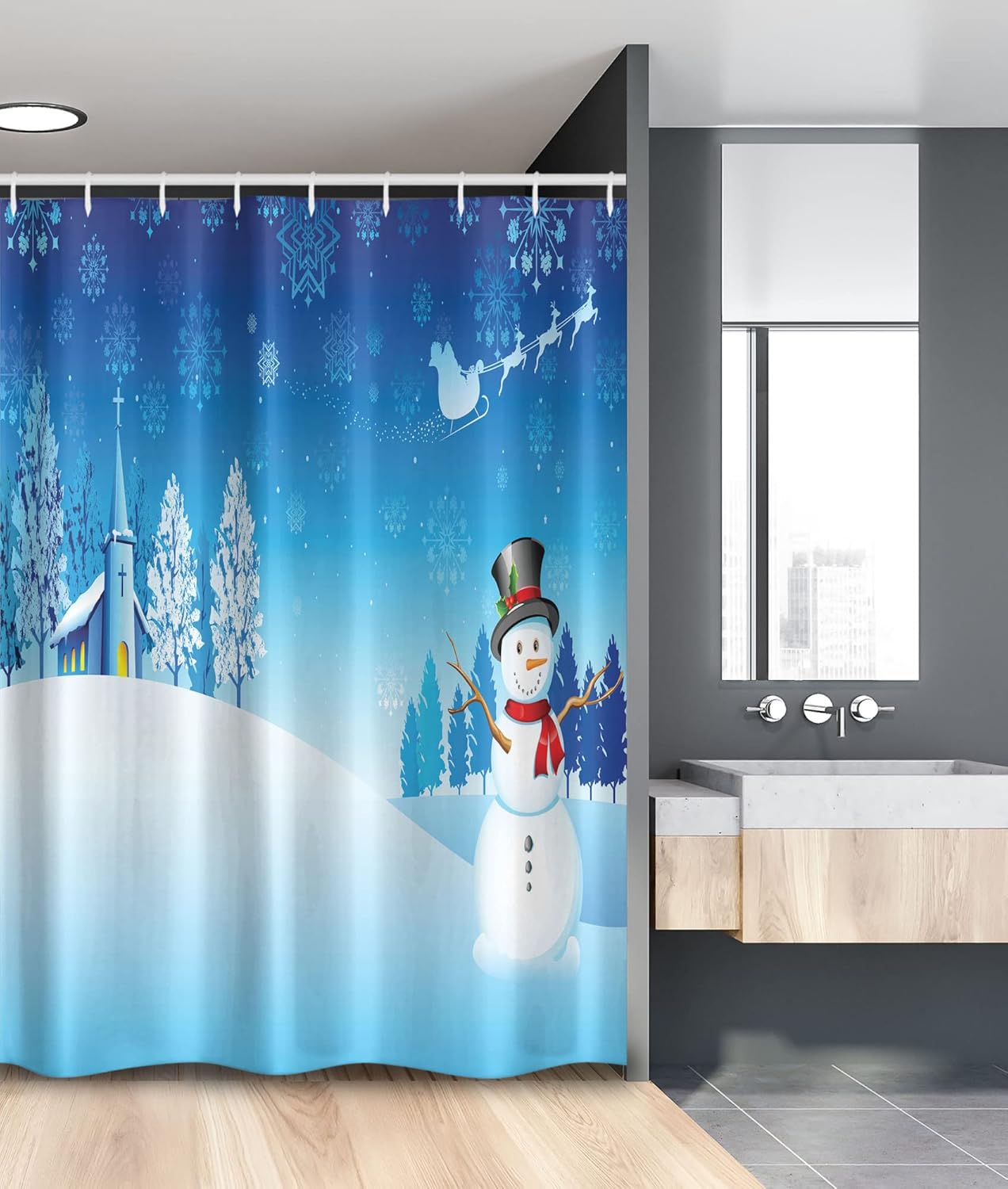 Ambesonne Christmas Stall Shower Curtain, Snowman on The Christmas Eve Santa's Sleigh in The Starry Sky Fantasy Artwork, Fabric Bathroom Decor Set with Hooks, 54" W x 78" L, Blue White