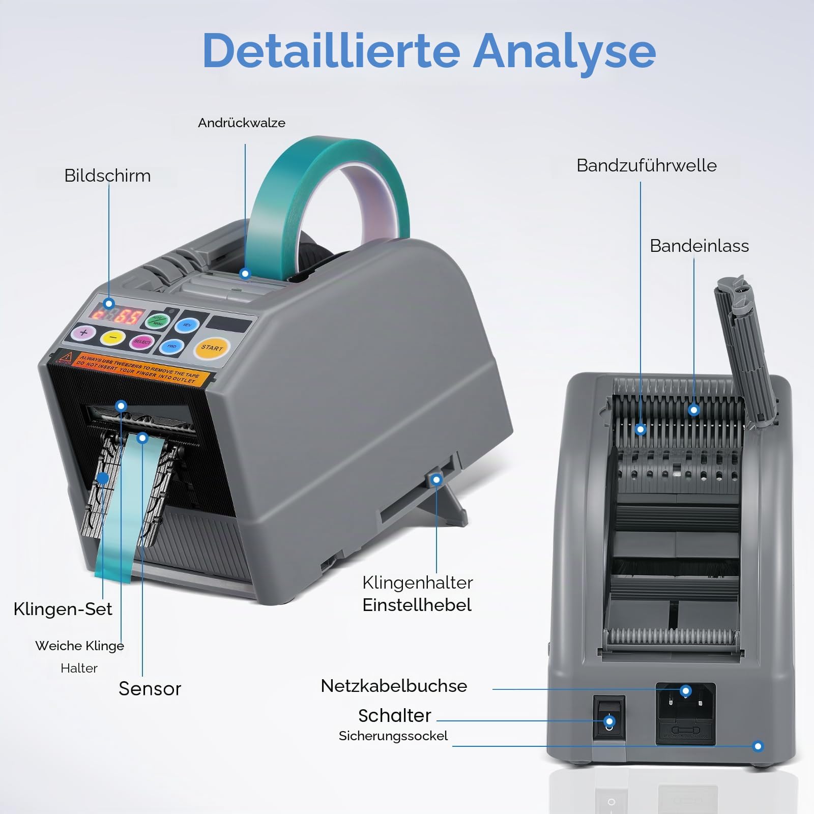 Automatischer klebebandabroller, Verbesserter Automatische Elektrischer Bandspender mit Silikongetriebe für Bandbreite 6-60mm, Länge 999mm MAX, Elektrischer Klebeband-Schneider für Büro