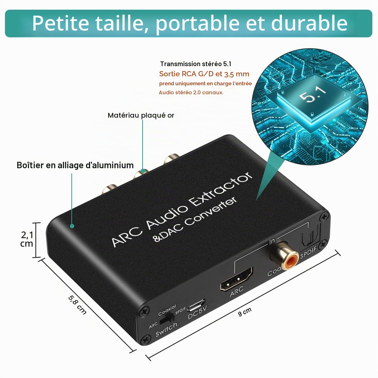 UNSTINCER HDMI ARC Audio Extracteur, 192khz stéréo Convertisseur Numérique spdif optique toslink coaxial vers Analogique RCA L/R 3.5mm Jack et toslink coaxial DAC Adaptateur pour TV Home Cinéma ps3/4