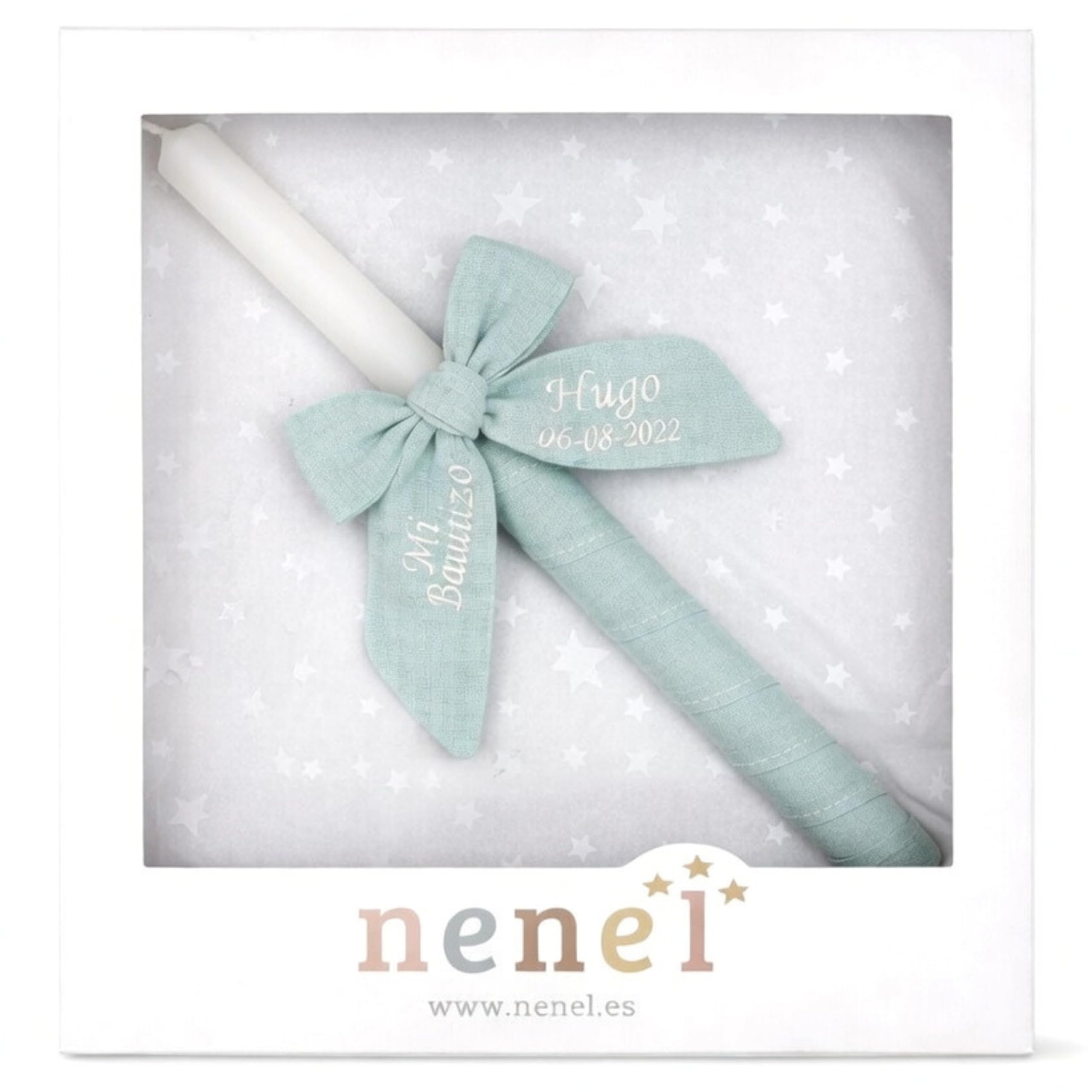 Vela para Bautizo personalizada - Vela Bautismal Personalizable con nombre y fecha – Cirio sacramental decorado - Cirio de Bautizo - Modelo Bambula – Nenel (Verde Menta)