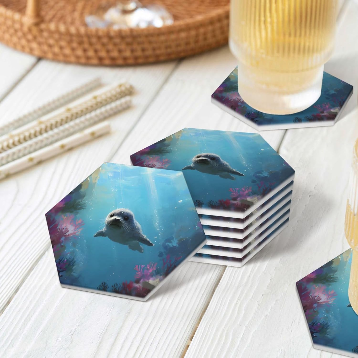 (Seal Swimming) Ceramic Coasters Set of 6 with Holder Non-Slip Hexagon Coffee Coasters for for Cup Mug Drink Patio Coffee Table Decor, Christmas Coasters Home Bar Supplies