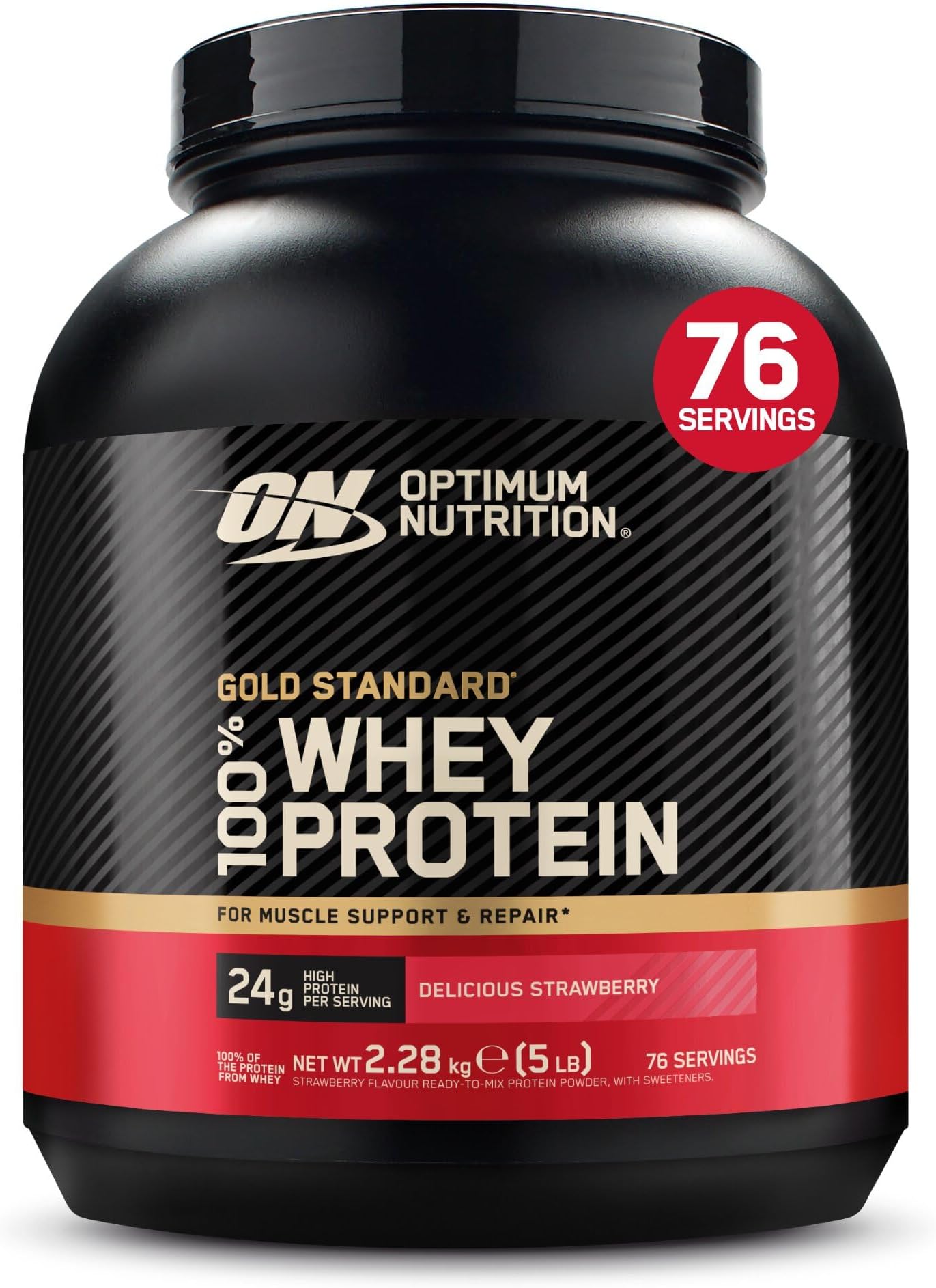 Optimum Nutrition Gold Standard Whey Muscle Building and Recovery Protein Powder With Naturally Occurring Glutamine and Amino Acids, Delicious Strawberry, 76 Servings, 2.28kg, packaging may vary