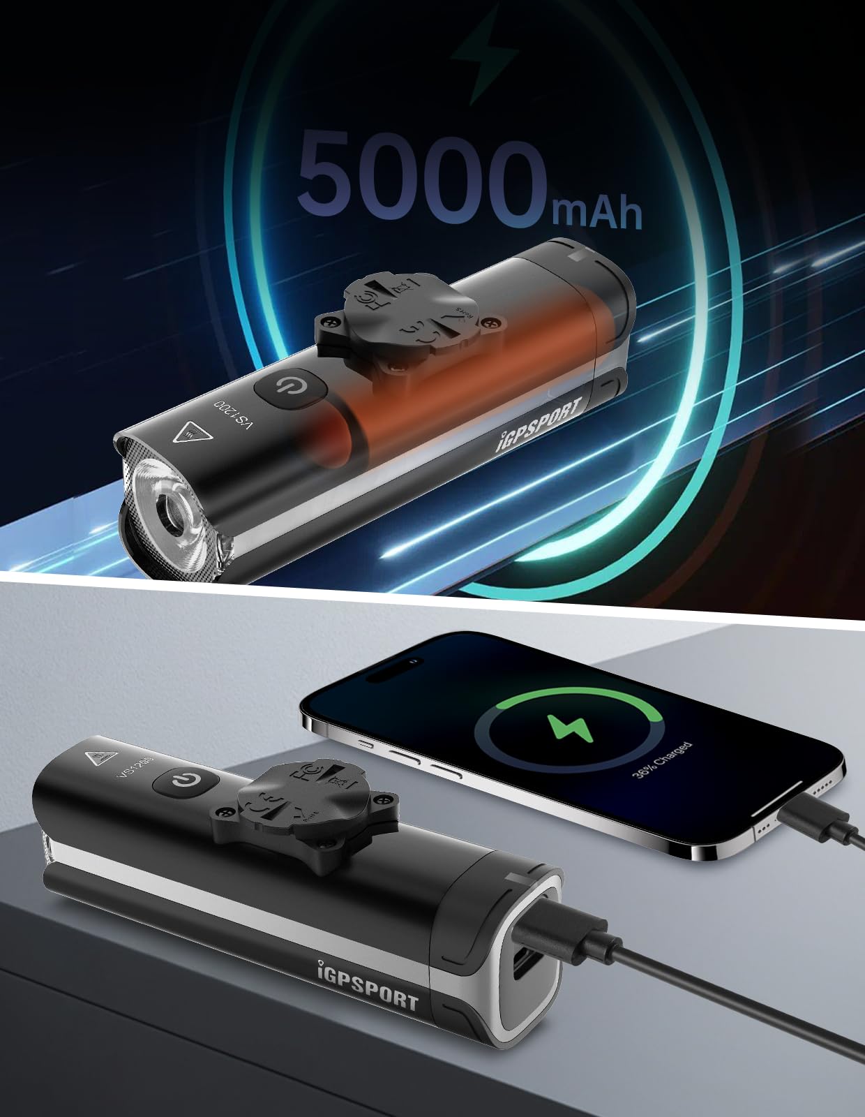 iGPSPORT VS1200 Luz Bicicleta Super Luminoso 1200 Lumen Antiniebla e Pantalla de Potencia Luces Delantera y Trasera USB Recargable Luces Espera Ultralarga