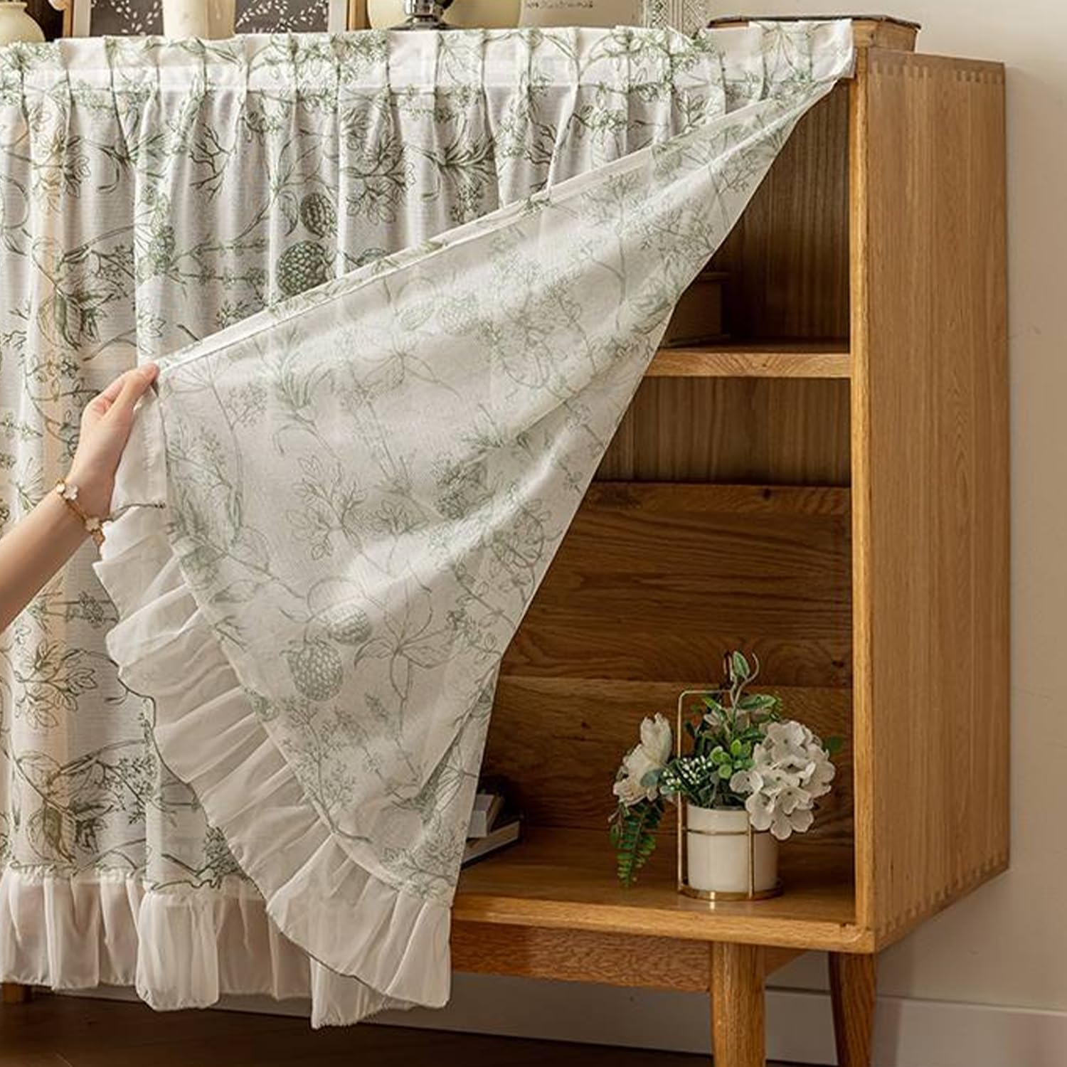 Self Adhesive Portable Cabinet Curtain for Shelves Floral Lace Half Window Curtains Closet Curtains Under the Sink Privacy Cabinet Short Curtains for Kitchen Laundry Room - 1 Pack 24"W x 35"H