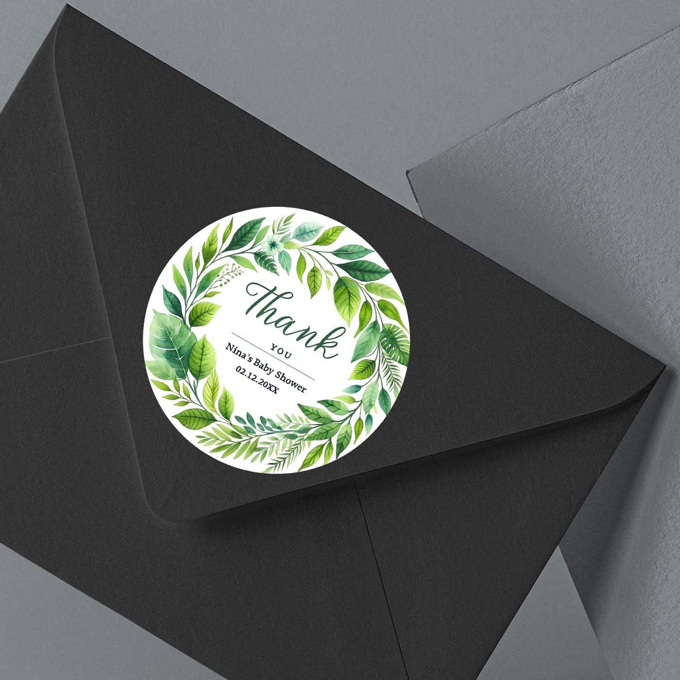 Personalized Customized Labels Tags,Customizable Stickers Tropical Green Leaves Baby Shower Thank You Classic Round Sticker for Business Custom Made Stickers, 100 Stickers3X3