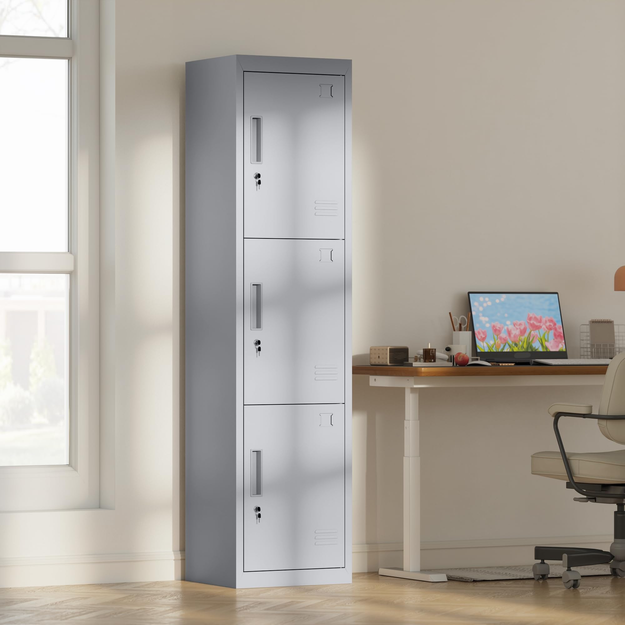 HOMCOM Armadietto per Documenti a 3 Ante e 3 Ripiani in Acciaio, Armadio Ufficio con Serratura Chiavi, Fessure di Ventilazione, Mobiletto Multiuso Portadocumenti, per Casa Ufficio, 45x38x180cm, Grigio