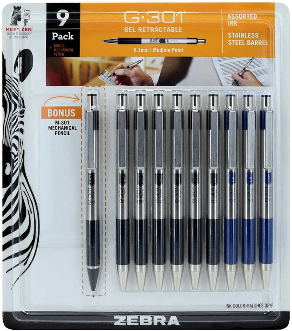 ZEBRA G-301 Retractable Gel Pen, Medium Point 0.7mm, Assorted Ink Colors, 9 Count, with M-301 Mechanical Pencil
