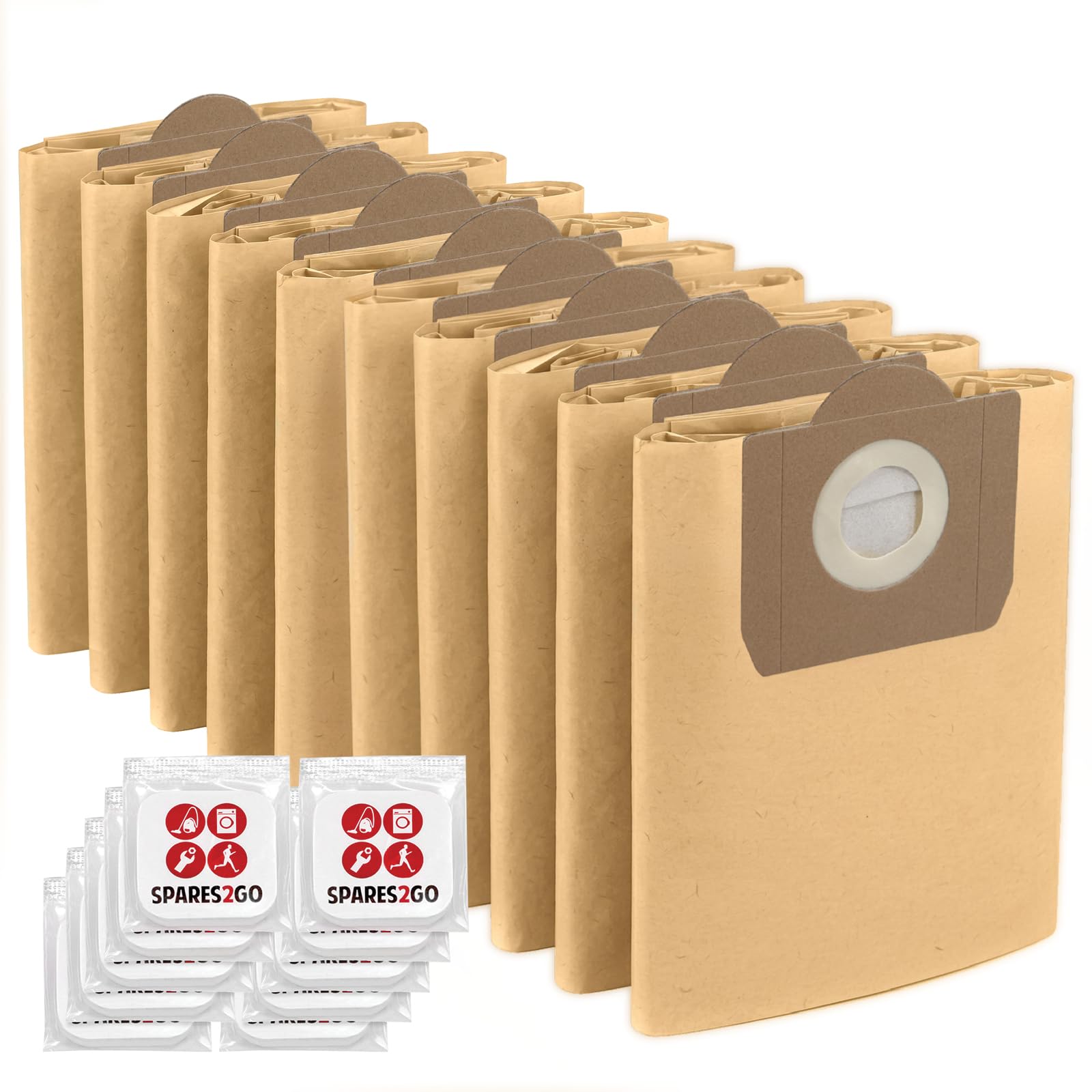 SPARES2GO Strong Dust Bags compatible with DeWalt DXV23PTA 23L DXV38S 38L DXV20PA 20L Wet & Dry Vacuum Cleaner (Pack of 10 + Fresheners)