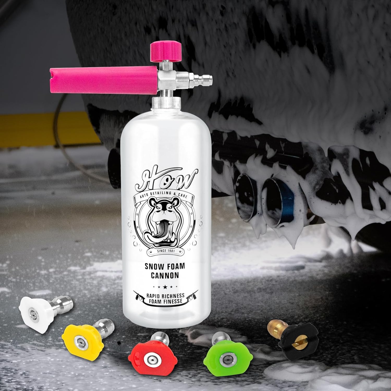 H.O.W Detailing 1L Snow Foam Cannon, Car Foam Sprayer for Pressure Washer with 5 Nozzle Tips, 1/4'' Quick Connector & Adjustable Spray Nozzle