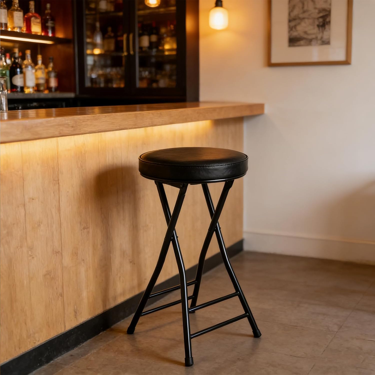 Gluck Plants Folding Stool,24 Inch Foldable Portable Collapsible Height Bar Stool Chair,Adult Tall Leather Padded Chair for Kitchen Living Room Garden Camping Fishing