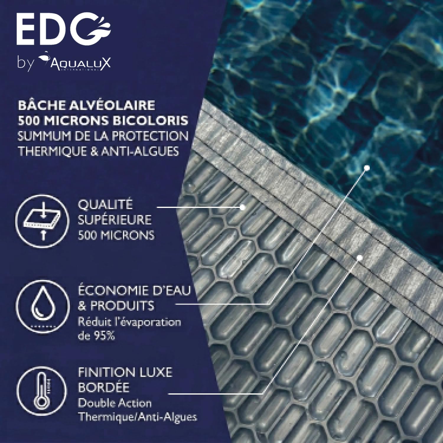 Bâche à Bulles Solaire Piscine 7 x 3,5 m - Epaisseur 500 Microns Premium - Bordée 4 Côtés - Technologie Alvéolaire Chauffante Anti Algues - Bleu/Gris