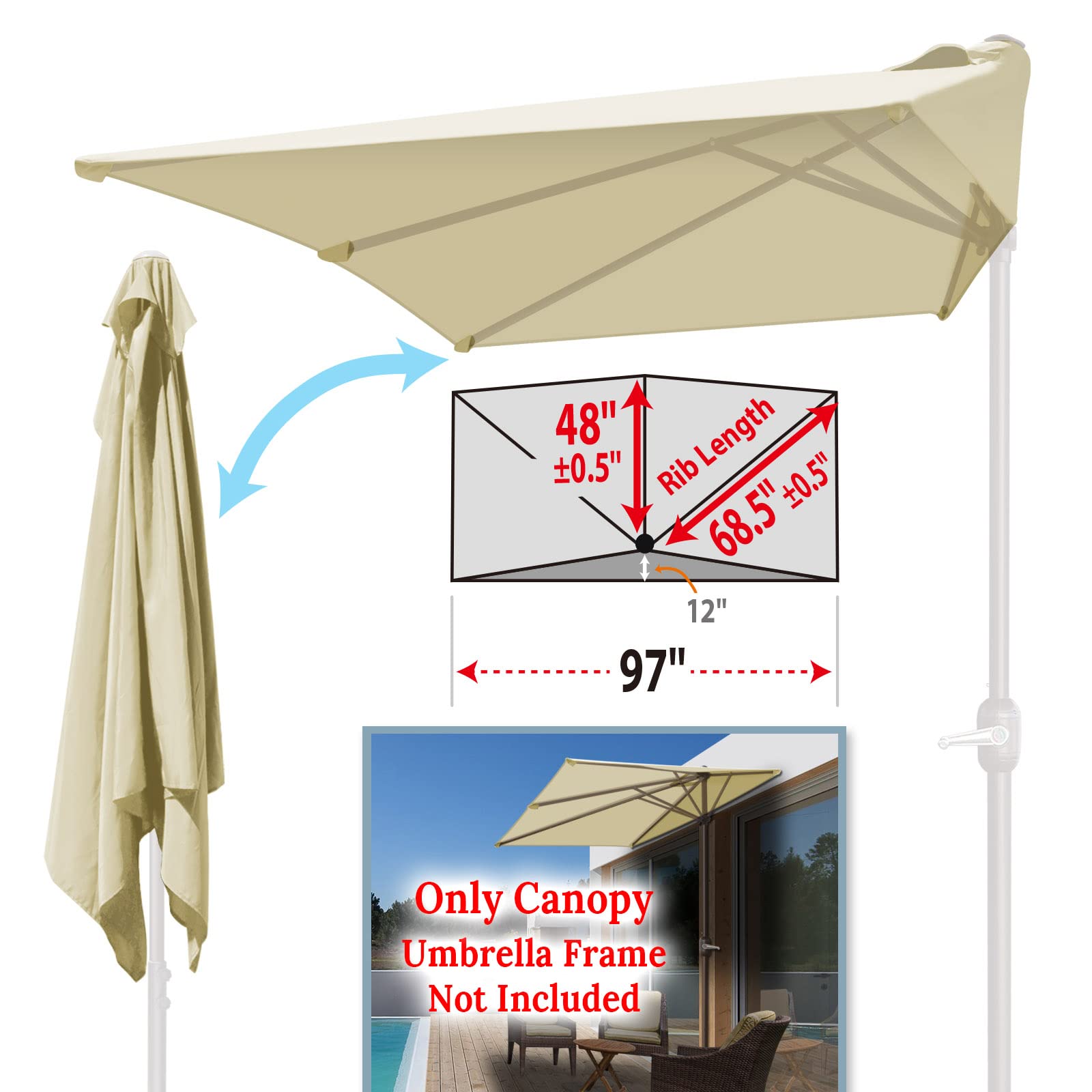 Strong Camel Replacement Rectangular Canopy Cover Only for 8.2X 3.9ft 5 Ribs Half Patio Umbrella (Ecru)