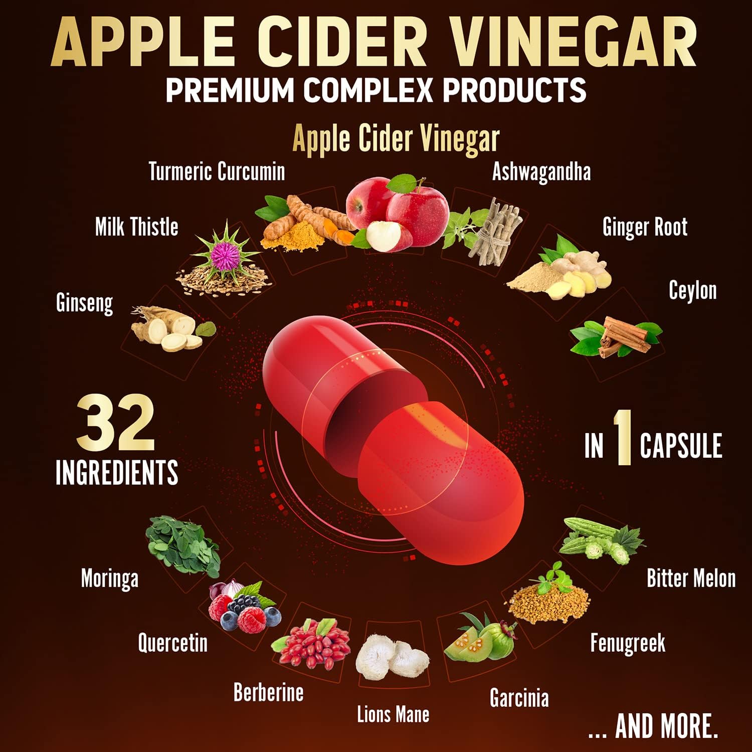 32 in 1 Apple Cider Vinegar Capsules, Equivalent to 15000mg with Turmeric, Cinnamon, Milk Thistle, Elderberry, Quercetin, Best Supplement for Digestion, Immune 60 Capsules