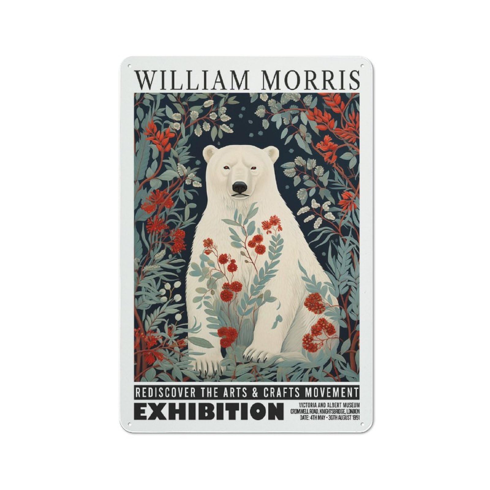 Junmoney Style-11 Metal Wall Sign 30X20cm Featuring Morris Floral White Bear Exhibition For Café Or Restaurant, A New Home Present For Hospitality Interior Collectors