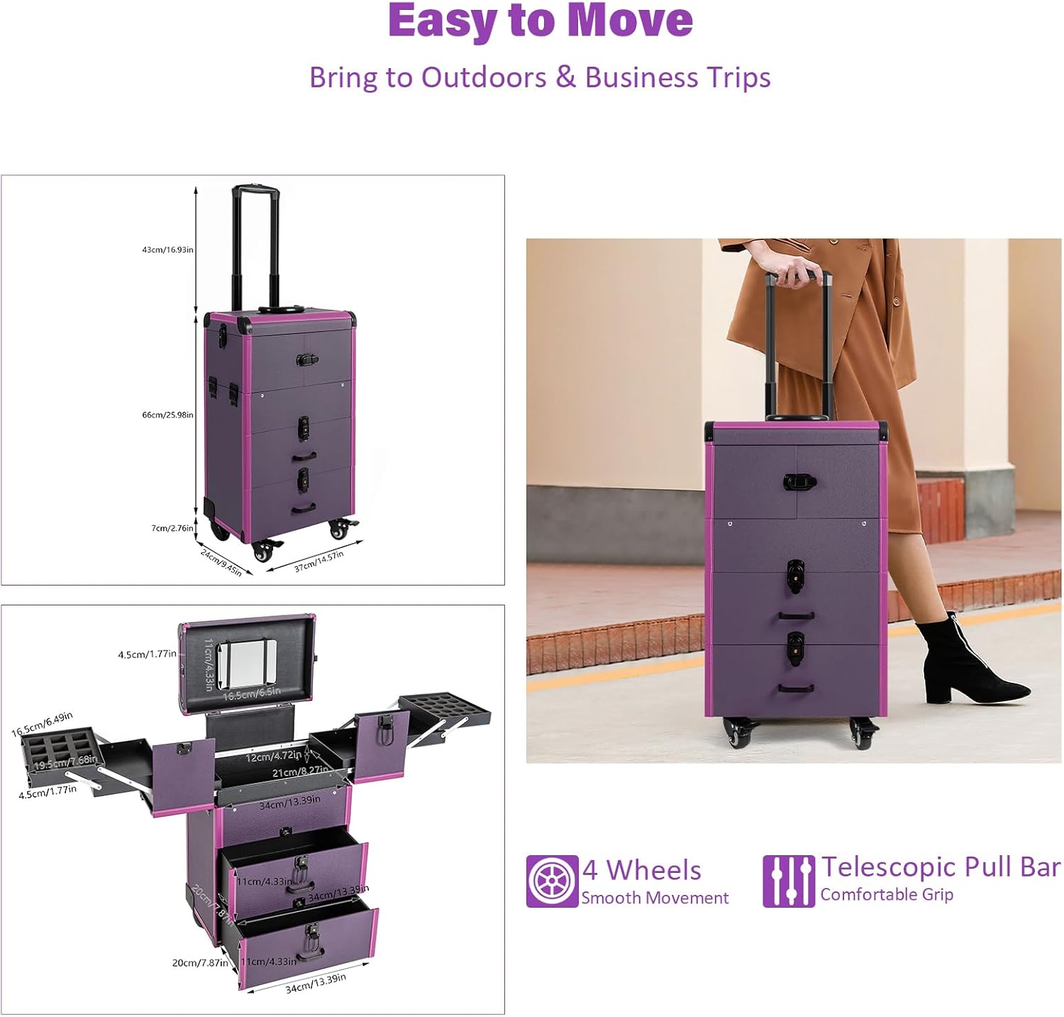 Professional Makeup Train Case, Cosmetology Case on Wheels,Large Rolling Makeup Case, 14.57x9.45x25.98In Purple with 4 Wheels & Mirror, Zinc Alloy Wood PVC, Salon Travel Storage