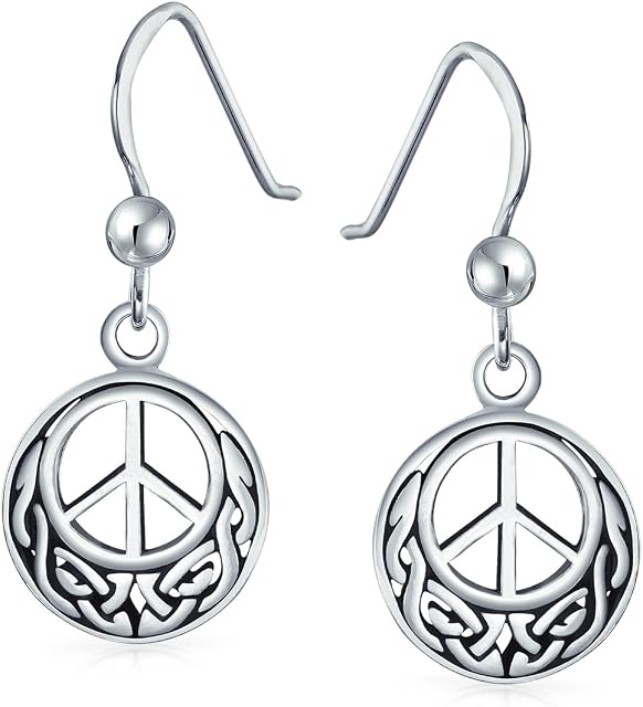 Retro Symbol Celtic Knotwork Celtic Irish Love Knot Peace Sign Drop Earrings For Women Teen Oxidized .925 Sterling Silver Fish Hook