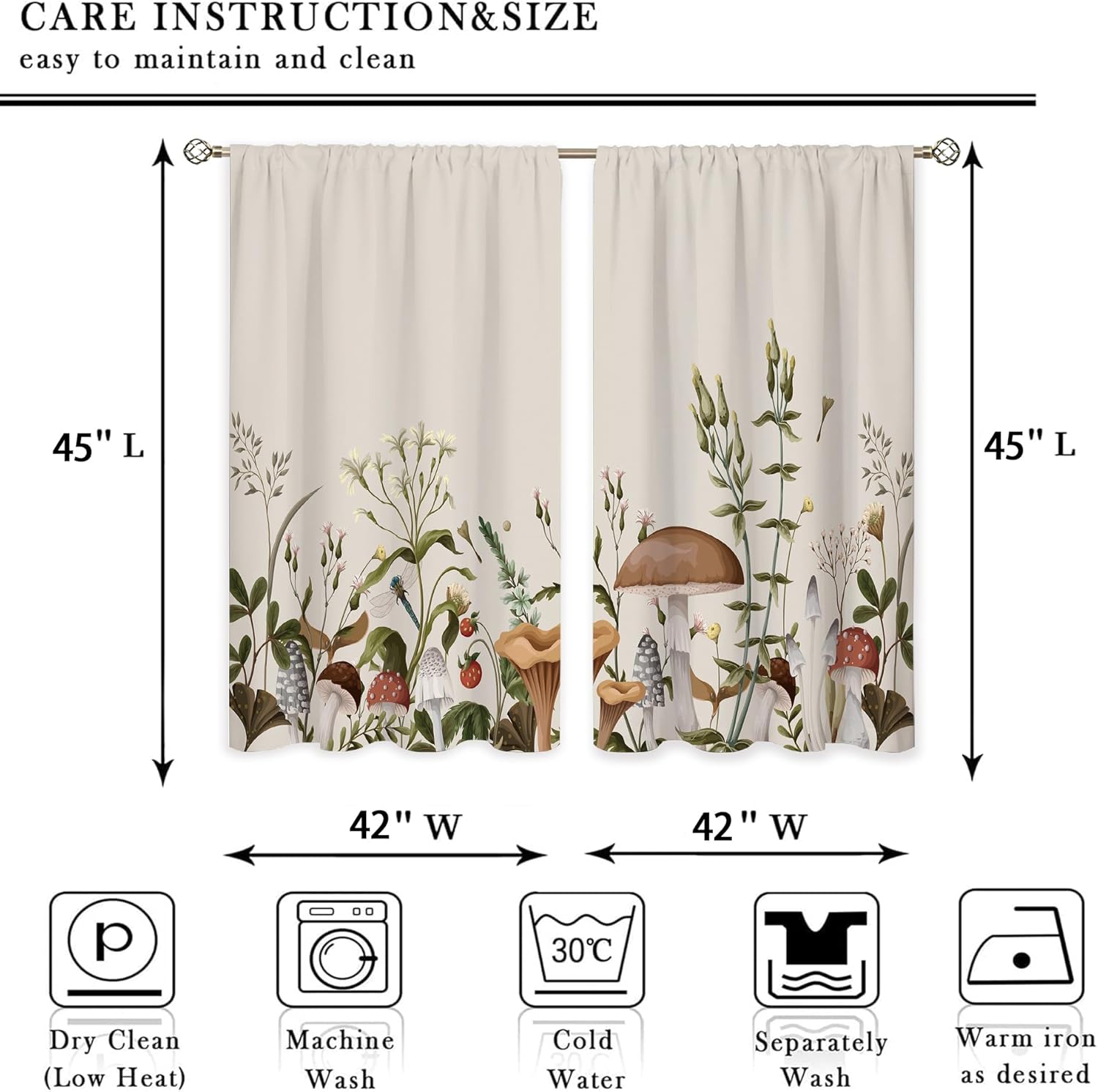 Vintage Mushroom Window Curtains Leaves Botanical Rod Pocket Rustic Boho Mushroom Beige Curtain Drapes Herb Curtains for Bedroom Living Room Treatment 2 Panels 42Wx45H Inch