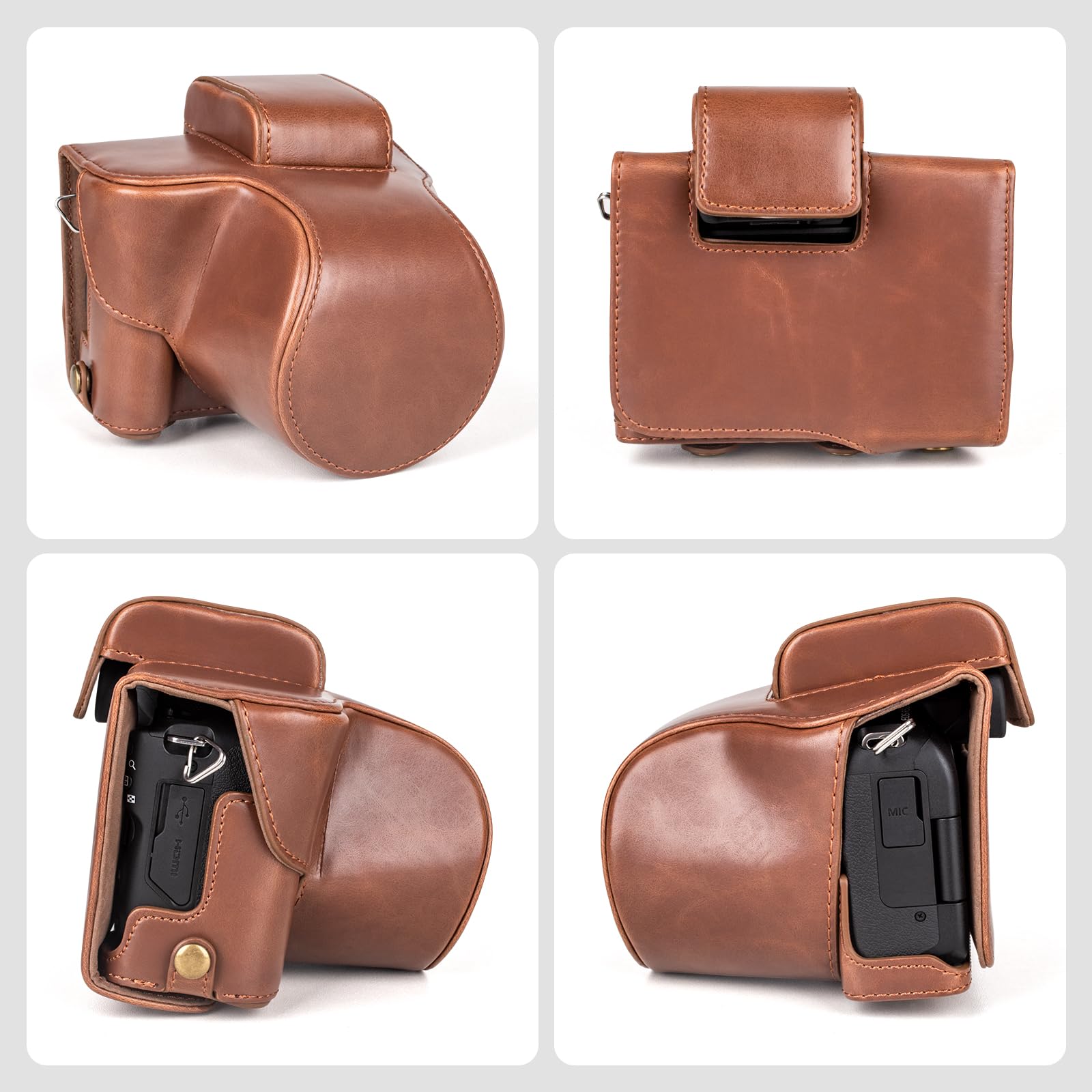 MUZIRI KINOKOO Custodia Protettivo per Canon EOS R50/R100 Fotocamera, Custodia in Pelle PU retrò per EOS R50 EOS R100 DSLR, Apertura inferiore Custodia con Tracolla e Tasca Portaoggetti - Caffè