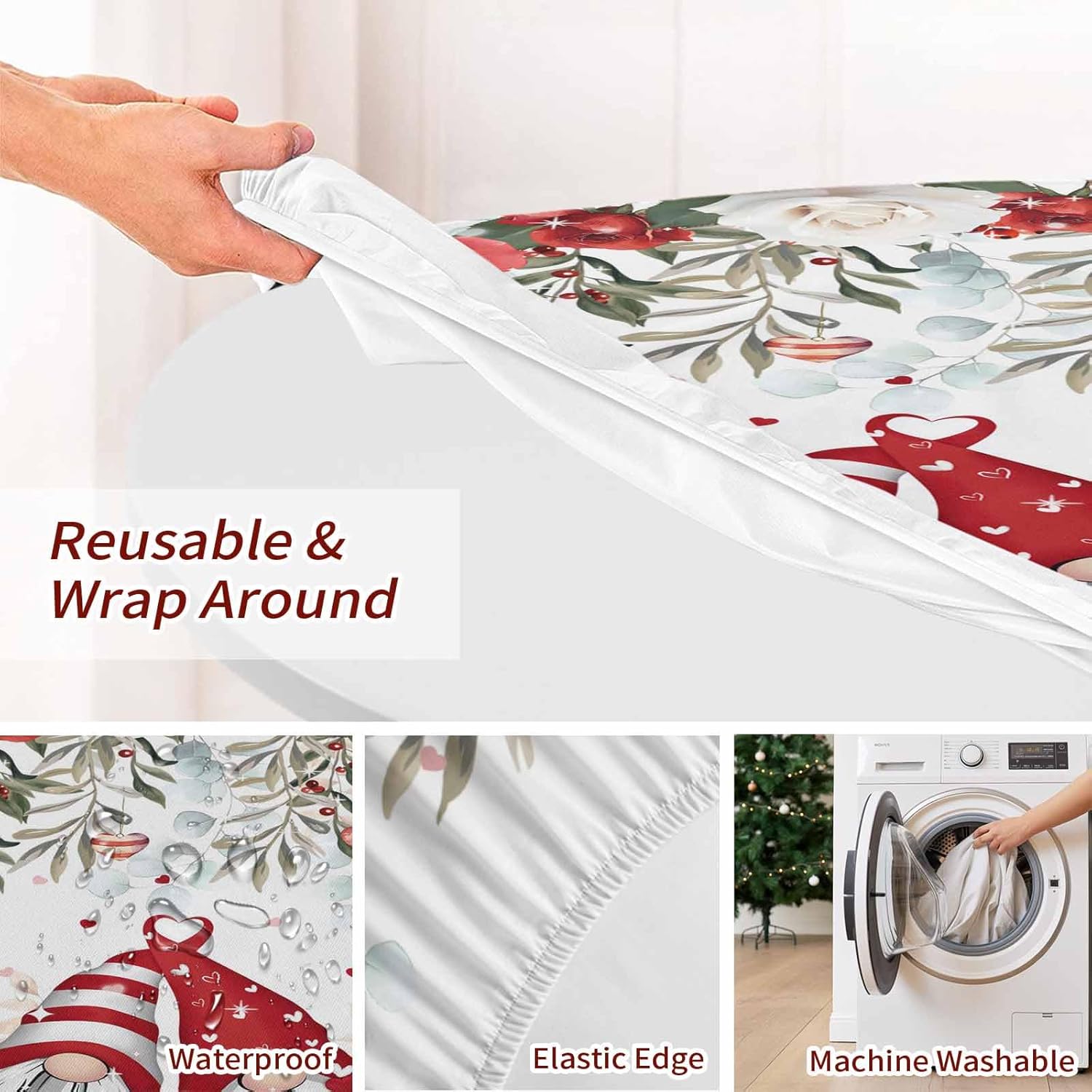 Valentines Round Table Covers with Elastic Gnome Boho Eucalyptus Leaves Gift Waterproof Fitted Tablecloth Wipable Table Cover Fits Up to 45-56In Tables, Table Cloth for Outdoor/Indoor Love Heart Rose