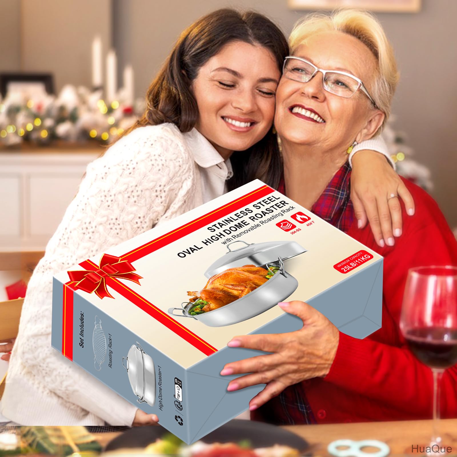 Sartén grande para asar con estante y tapa, regalos para mamá, mujeres, esposa, asador ovalado grande de acero inoxidable, utensilios de cocina antiadherentes para pollo con pavo, 21 pulgadas 2