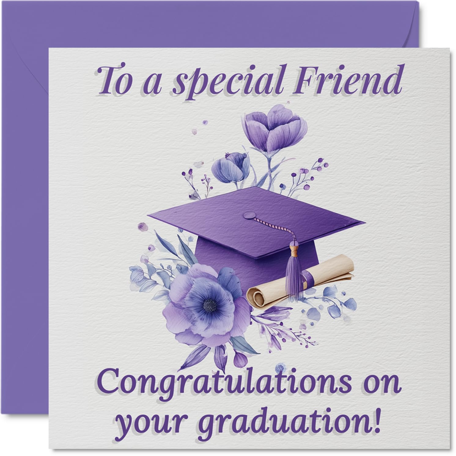 Heartfelt Congratulations Card for Friend - Celebrating Your Achievement - Graduation Cap and Purple Floral Design - 145mm Square, Envelope Included