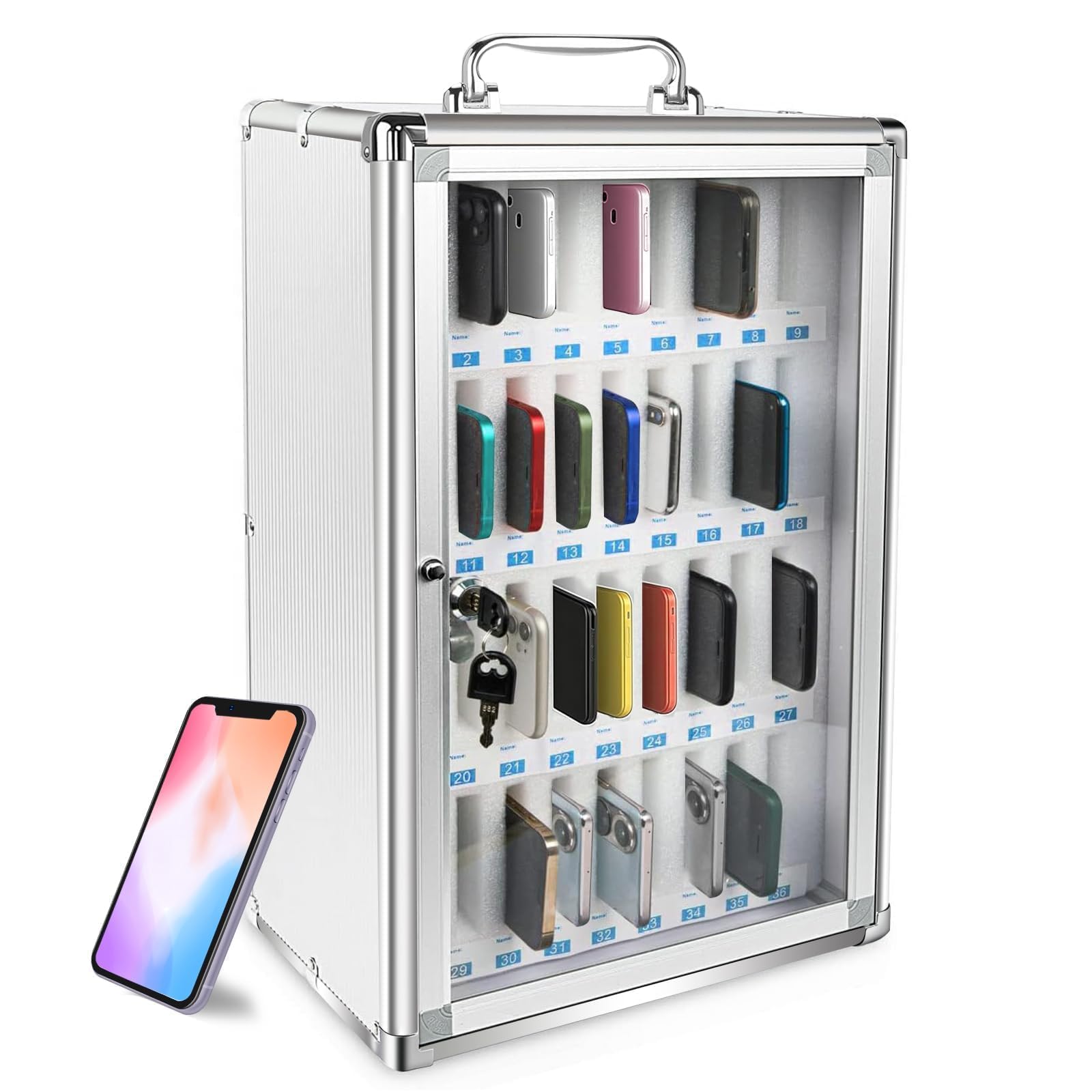 WUDLEP 36 Slots Cell Phone Locker Cabinet, Aluminum Alloy Phone Storage Cabinet with Keys, Wall Mounted Cell Phones Storage Box with Handle, for Office, Classroom, Gym