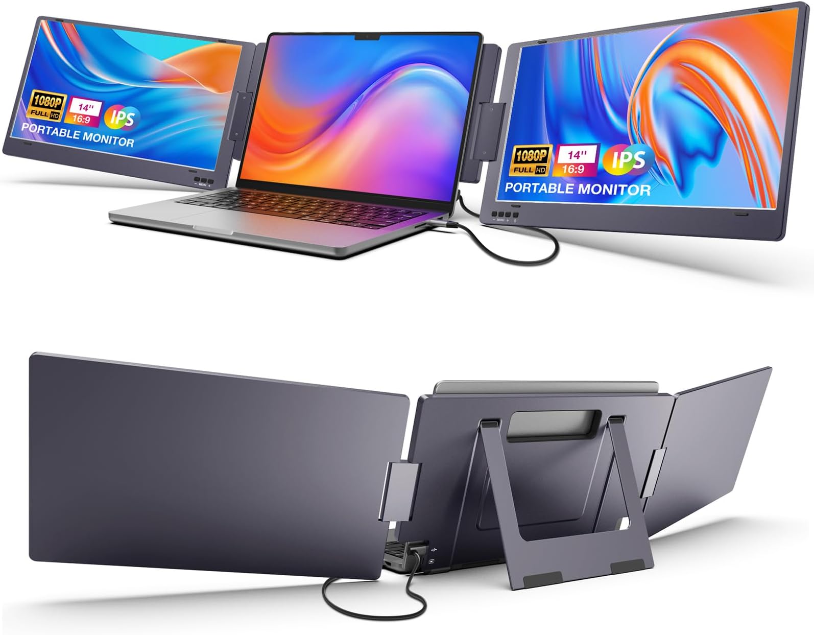KYY Triple Laptop Monitor Extender, 14" 1080P FHD IPS Dual Portable External Screen, One Cable USB C Travel for 12-16'' Laptop, 210°Rotation & Kickstand, (Space Gray)