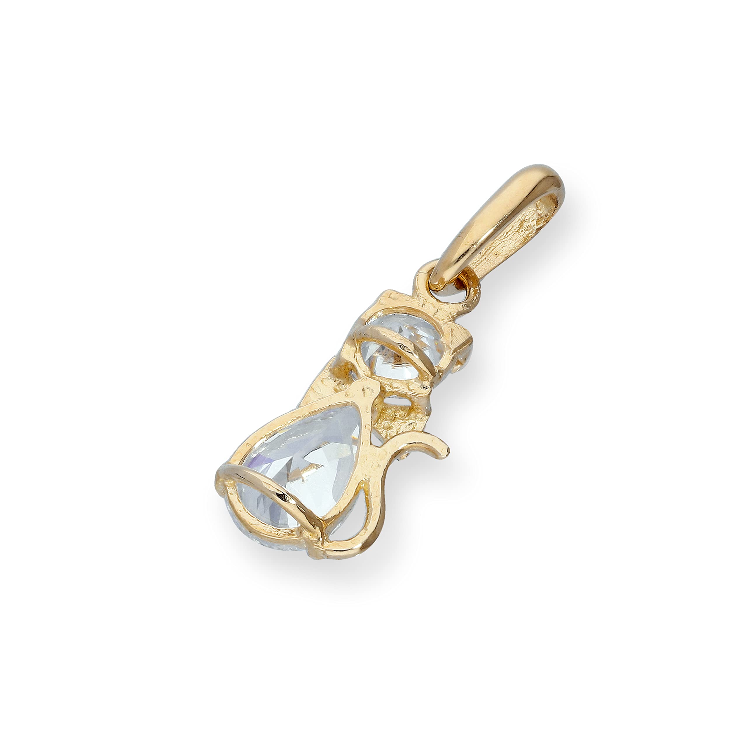 Ciondolo in oro giallo 9kt e pietre Cubic Zirconia CZ a forma di gatto con collarino a fiocchetto