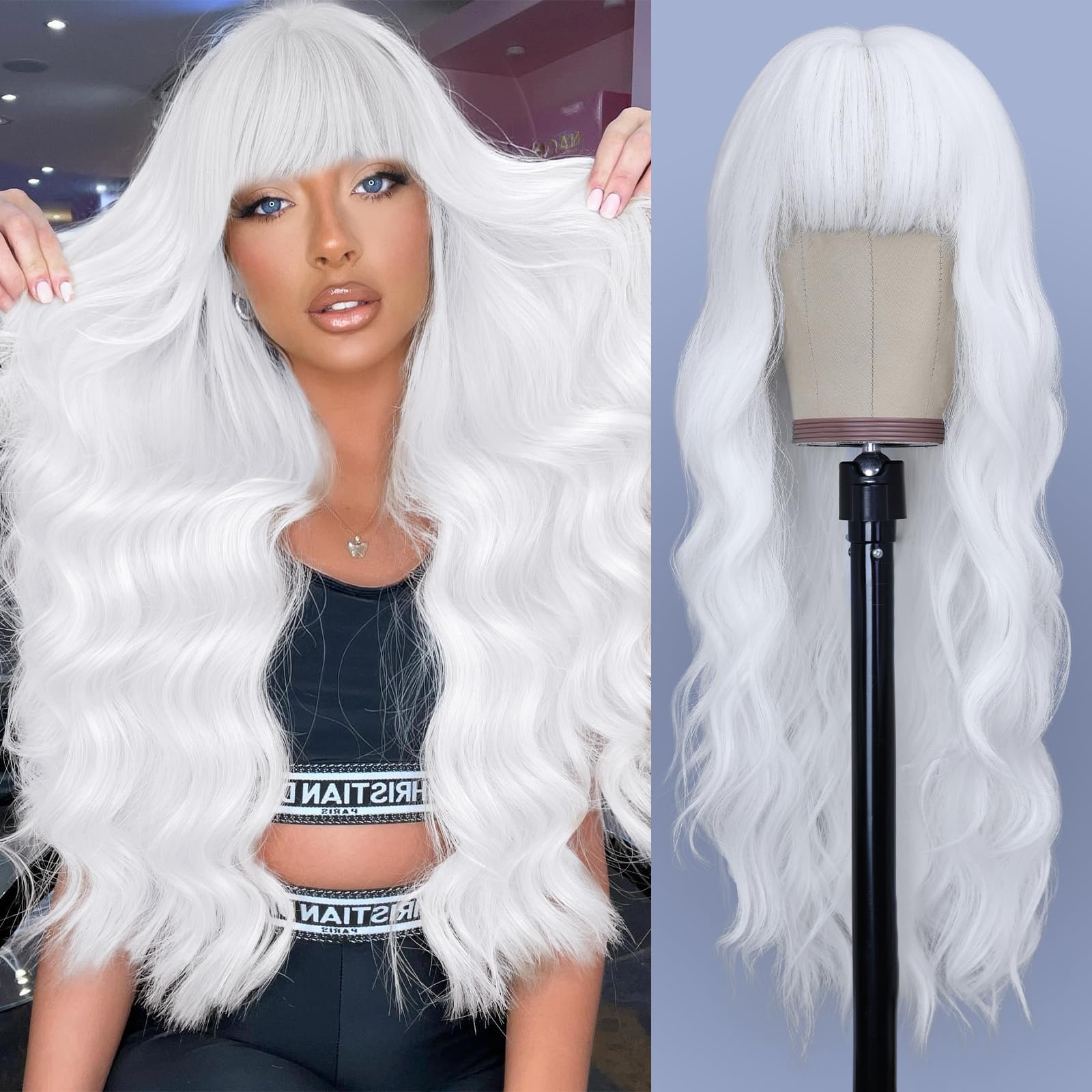 NAYOO White Wigs with Bangs - Long Curly Wavy Synthetic Fiber Wigs - Heat Resistant - 24 Inches