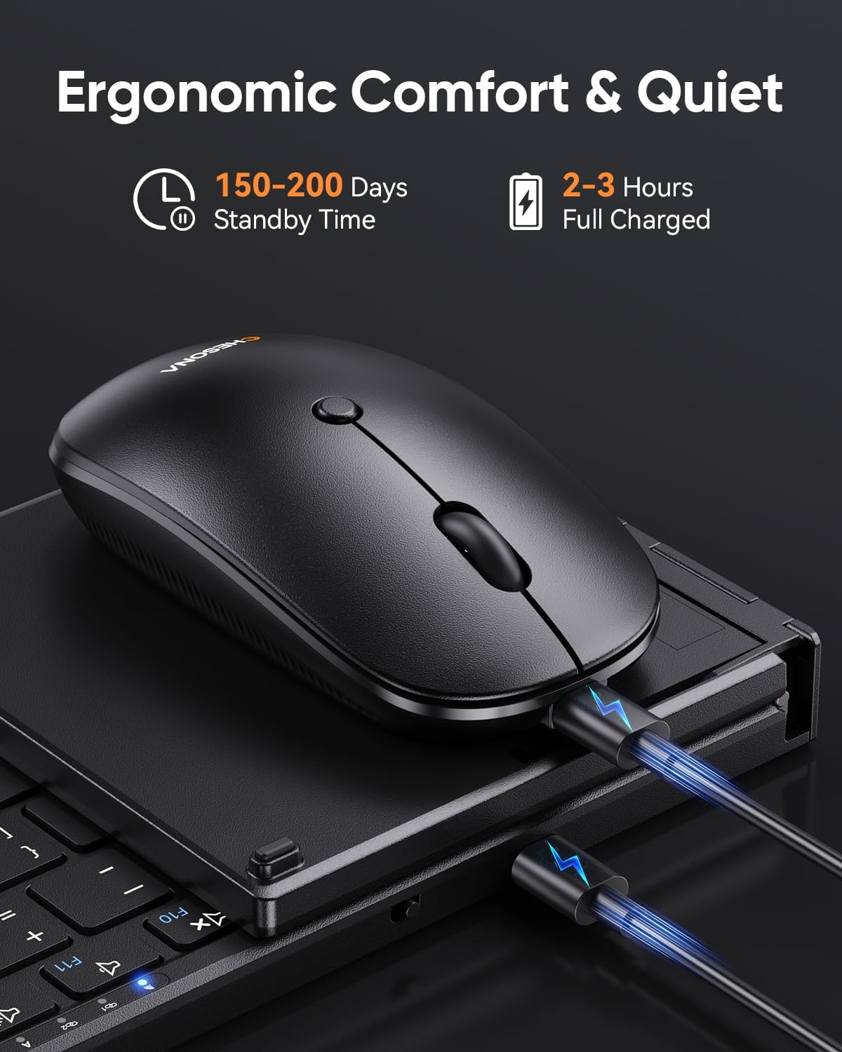 CHESONA Foldable Keyboard and Mouse Combo - Ultra Slim 600g with 2.4G+Dual Bluetooth Compact Wireless Folding Keyboard with Stand - Portable for Business/Travel with Case - Win/Mac/iOS/Android - Black