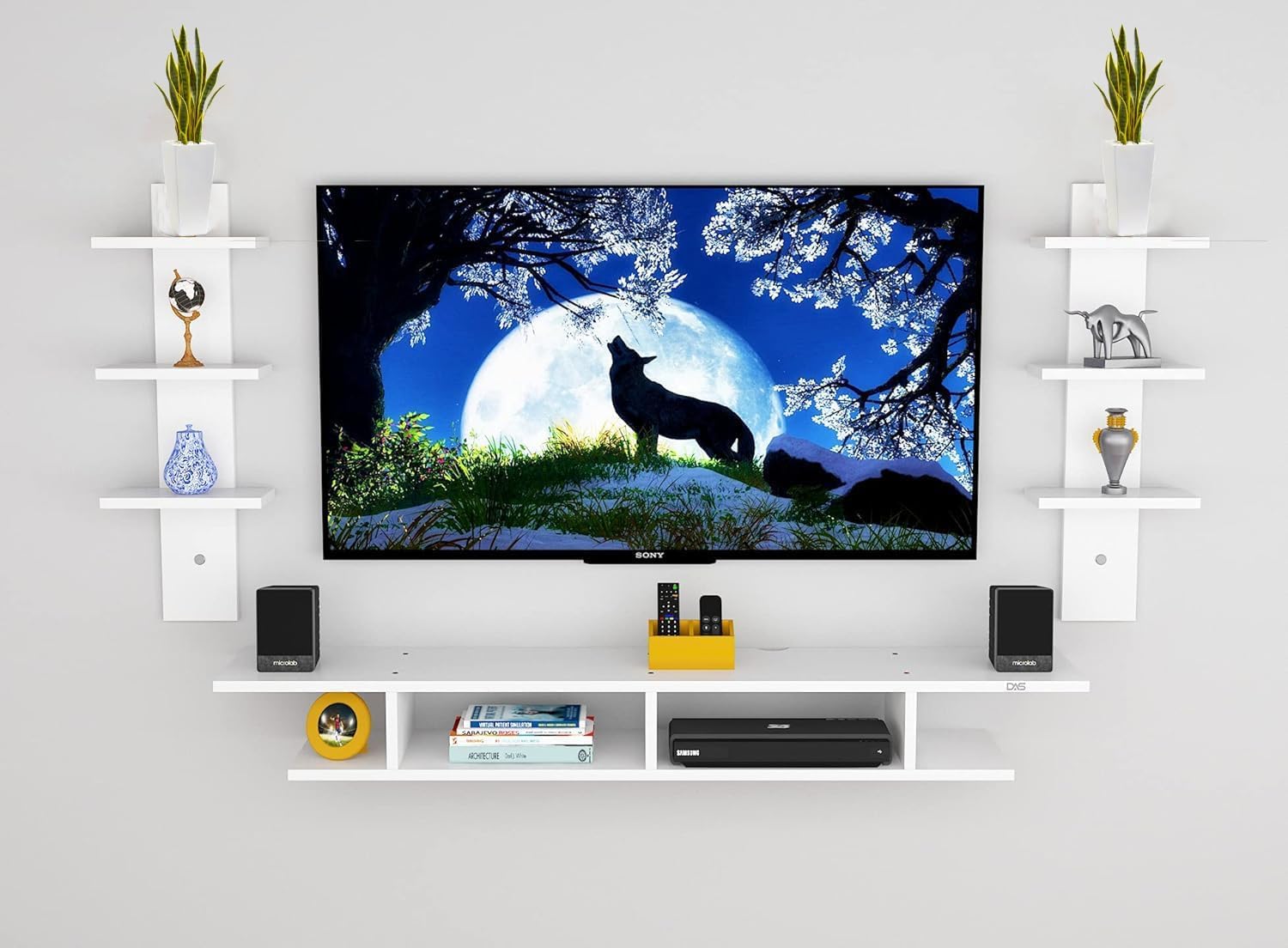 Duadecor TV Cabinet for Living Room, TV Unit, Engineered Wood with Wall Mount Set Top Box Stand & Wall Display Rack Upto 55″ Inch LCD Panel for Entertainment Room (White)