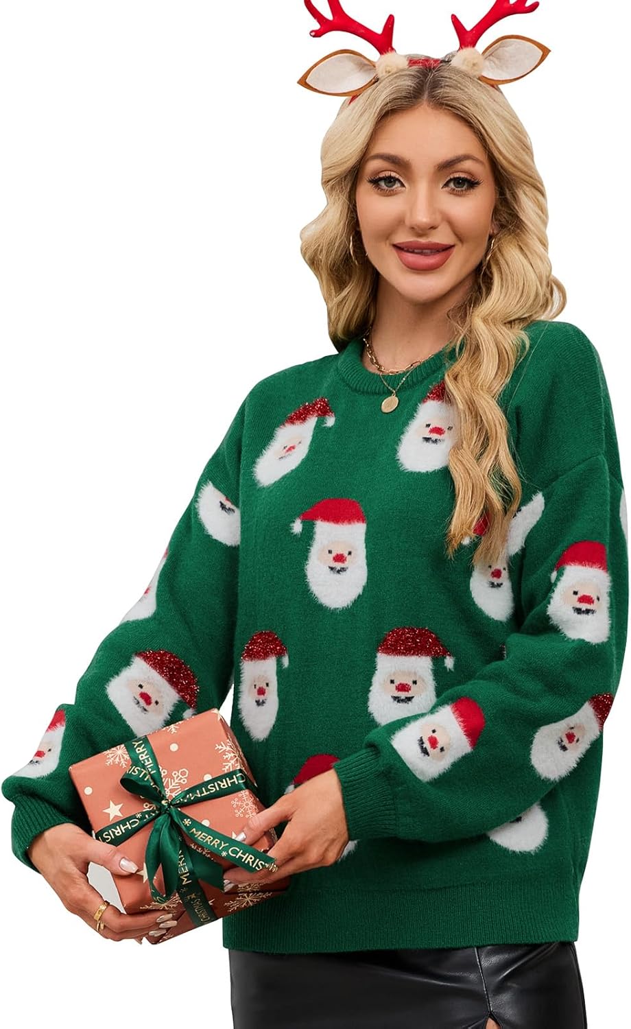 Ugly Christmas Sweater for Women Funny Santa Long Sleeve Knitted Xmas Pullover Cute Wintertime Holiday Parties Tops - Image 3