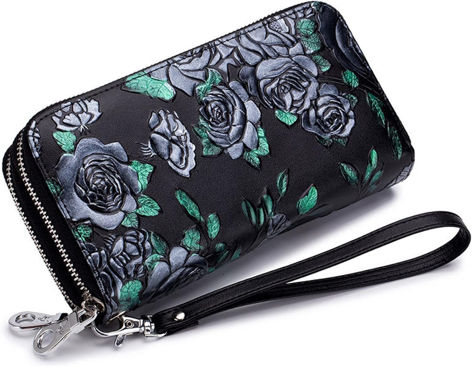 Genuine Leather Double Zipped Wallet Wristlet for Women, RFID Blocking Double Zipped Floral Hand Painted Embossed Large Capacity Clutch Purse (Double Zipped - Silver Rose)